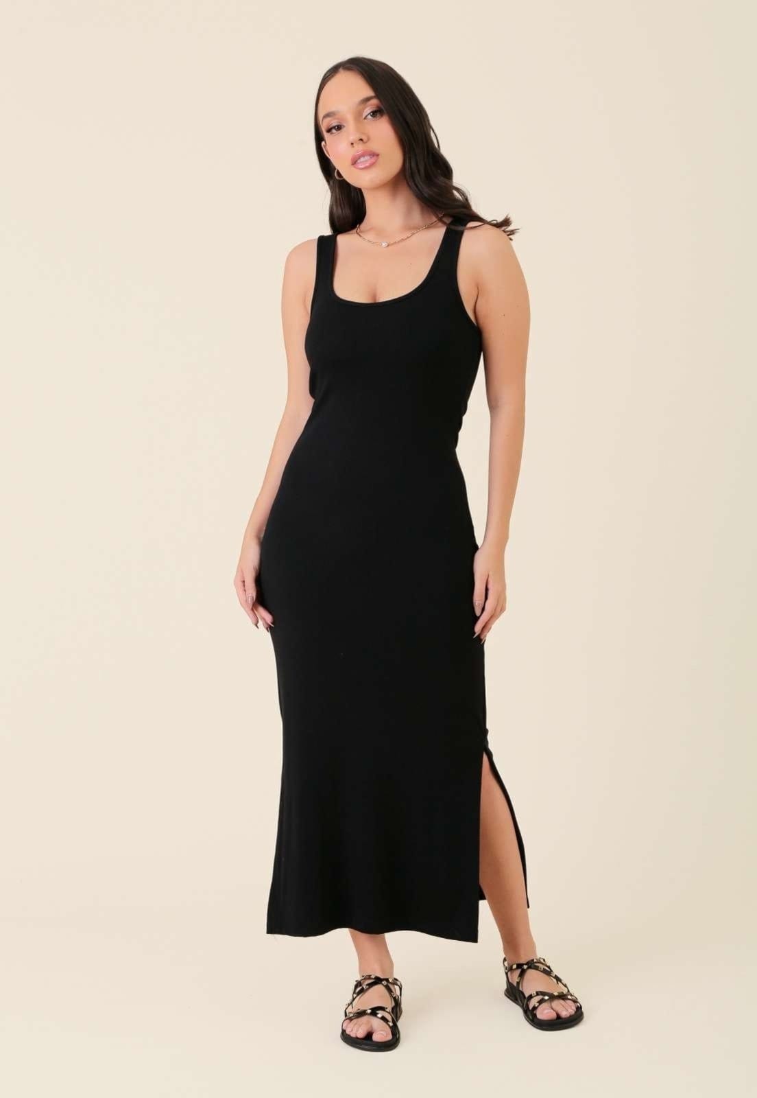 Vestido Midi Pop Me Em Ribana Canelado Sem Manga Com Fenda