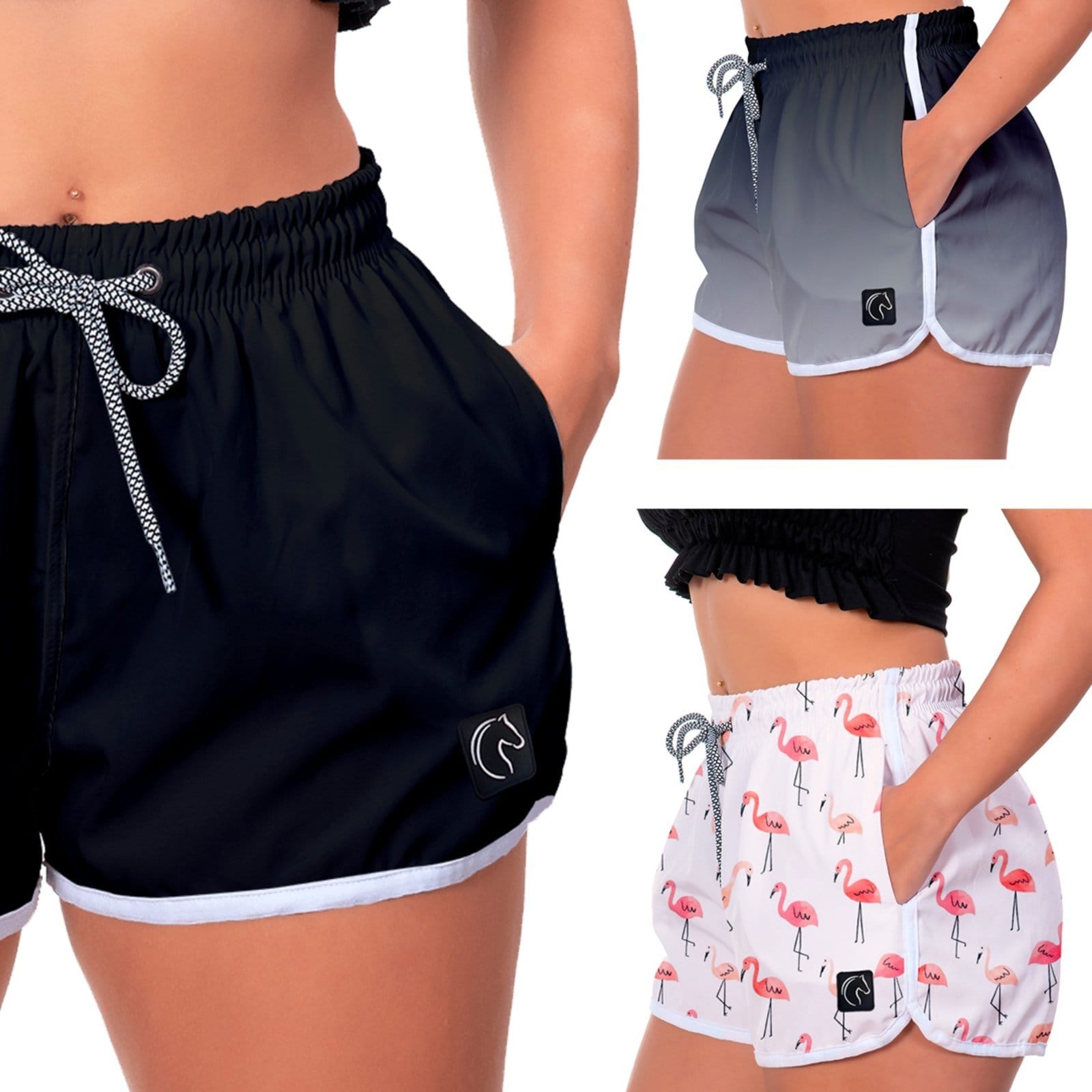 Kit 3 Shorts Feminino Premium Secagem Rápida com Elástico Cordão Ajustável e Bolsos Moda Praia Casual ou Treino Academia Degradê e Flamingos