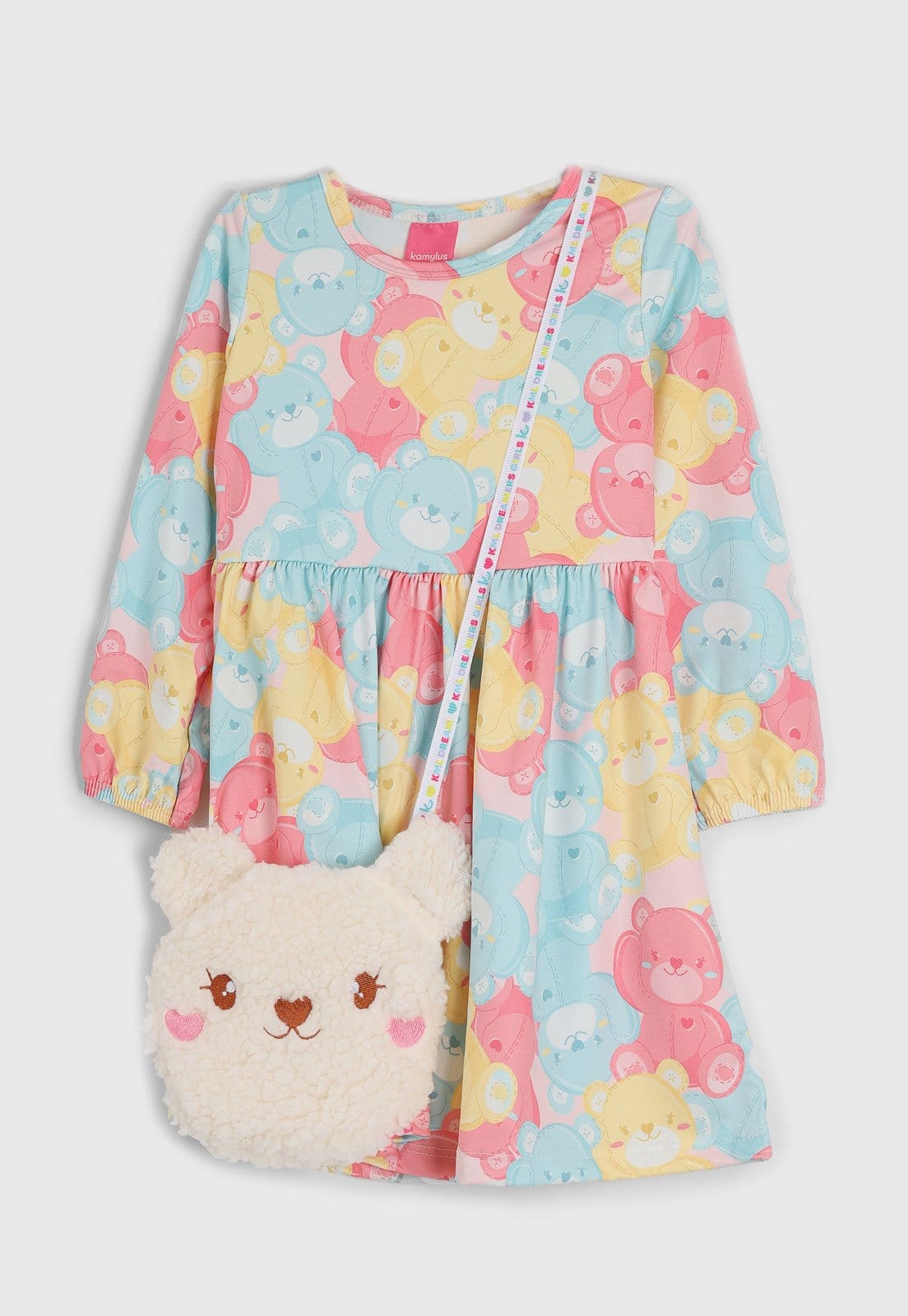 Vista 2 Conjunto Kamylus Vestido Ursinhos Manga Longa e Bolsa Kamylus azul