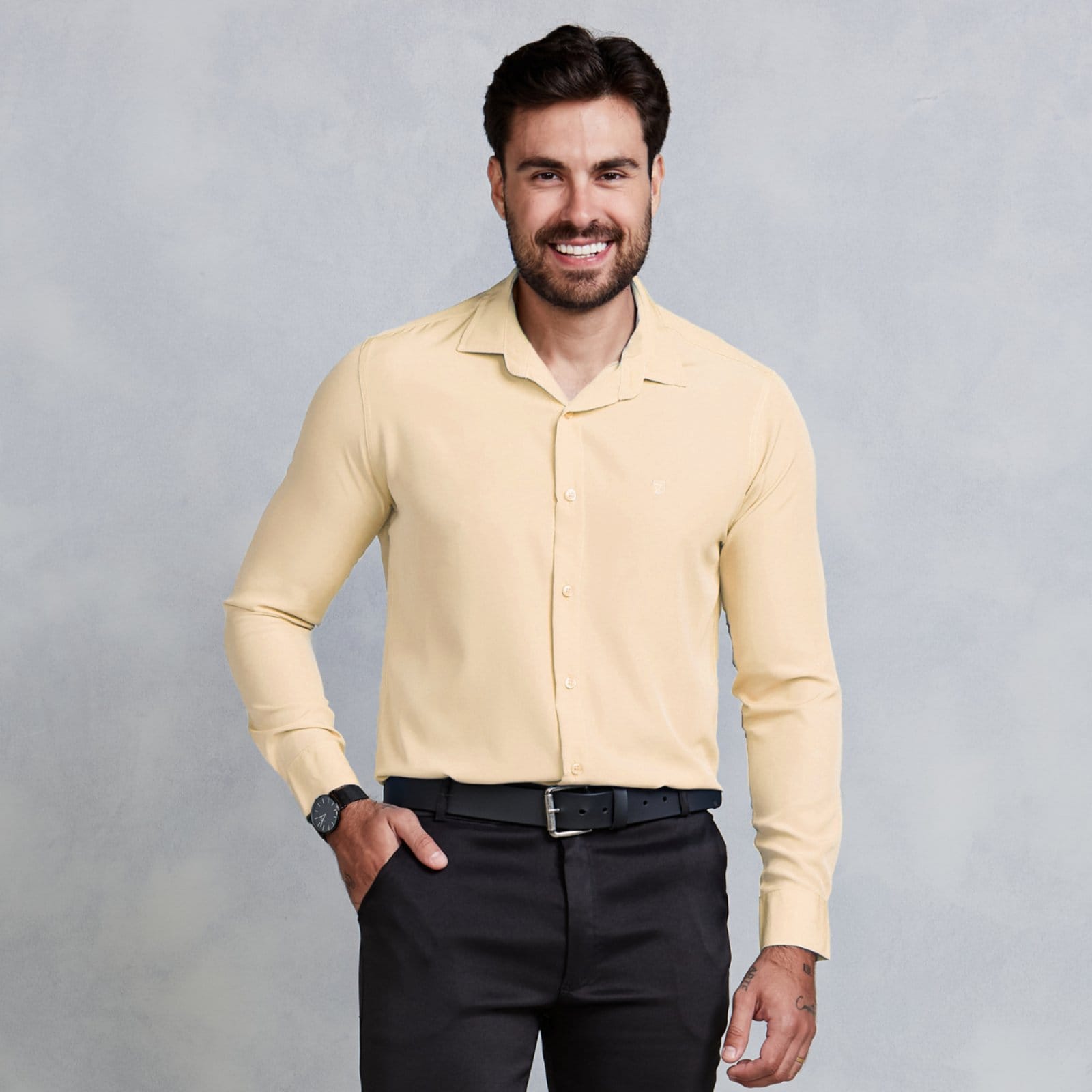 Camisa Social Masculina Daze Modas Manga Longa Bege