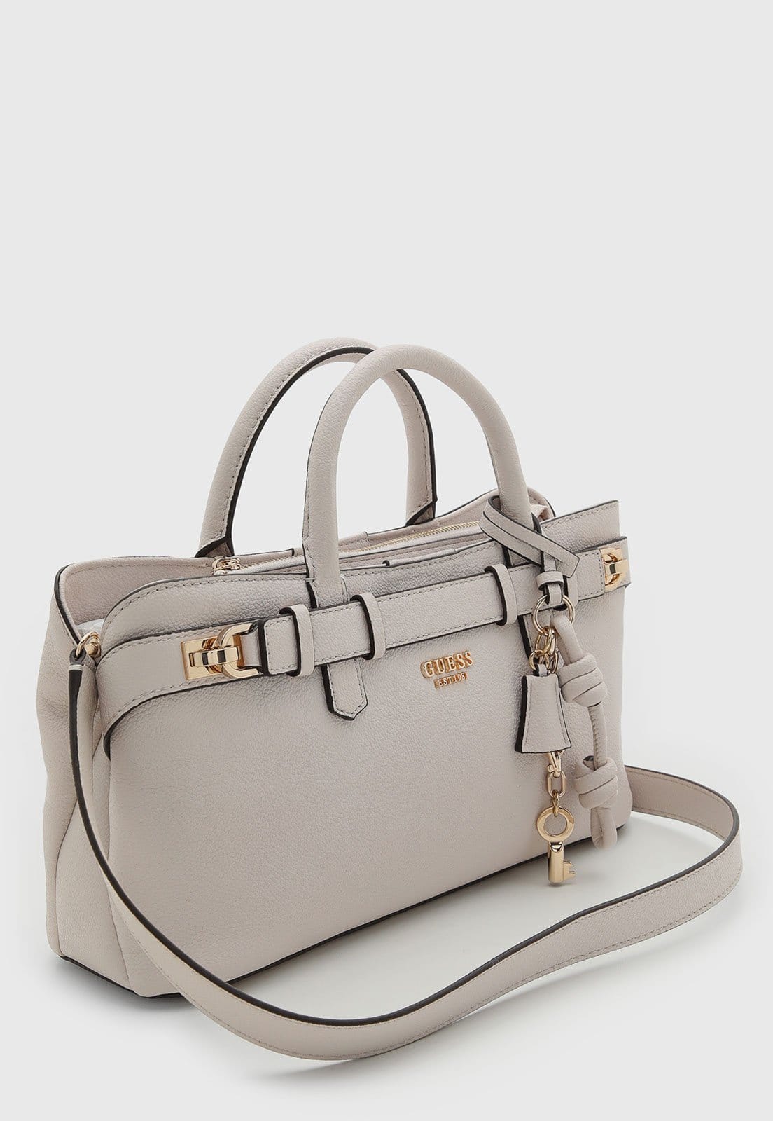 Vista 2 Bolsa Grande Feminina Guess Chaveiro Logo Guess bege