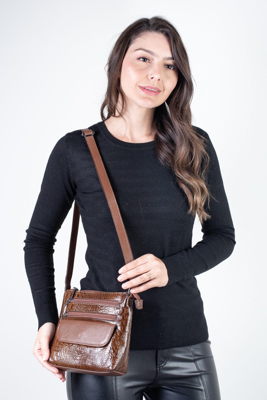 Bolsa transversal de couro croco metais grafite Maura - Whisky