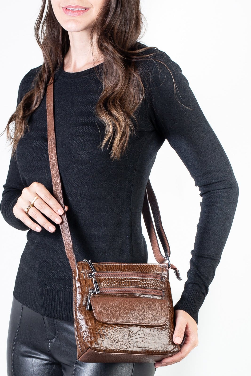 Vista 2 Bolsa transversal de couro croco metais grafite Maura - Whisky Andrea Vinci preto