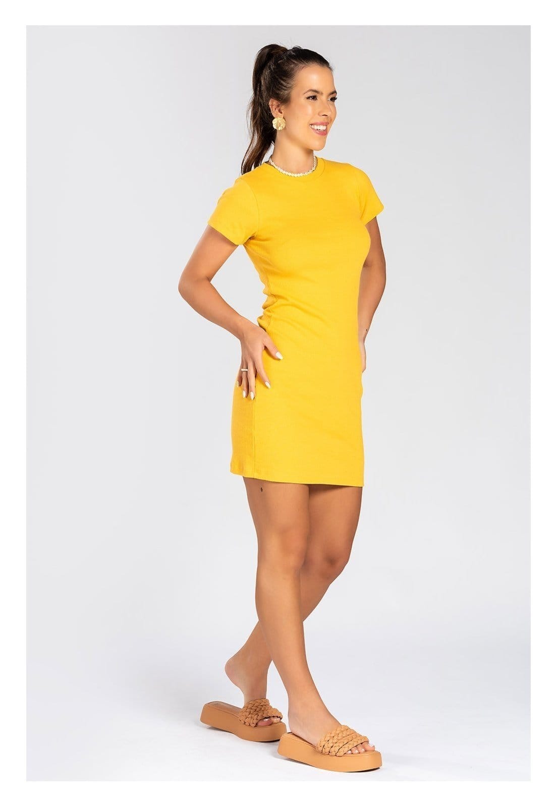 Vista 2 Vestido em Ribana com Manga Mostarda Meu Jeans amarelo