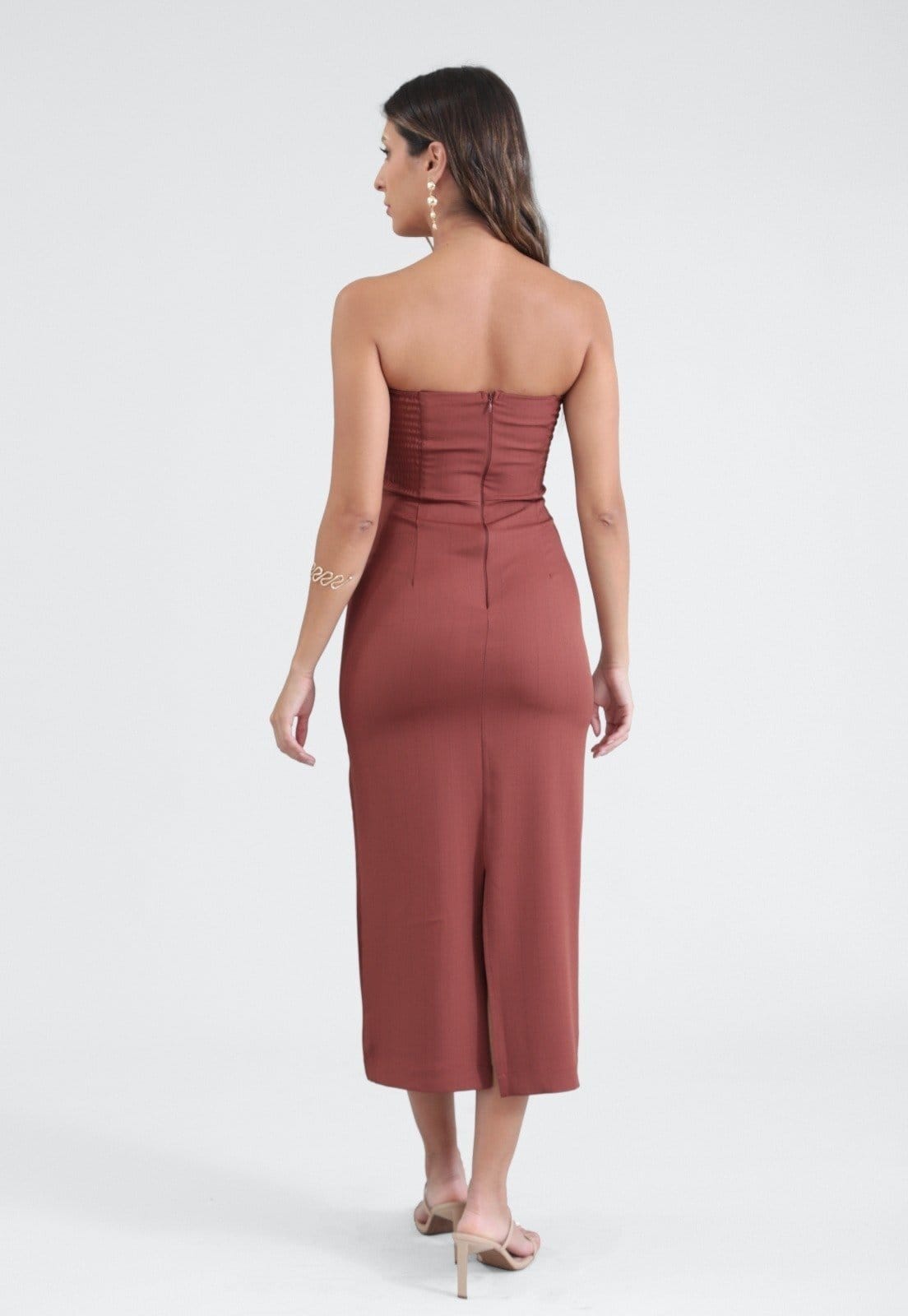 Vista 2 Vestido Pop Me Midi Tomara Que Caia Em Alfaiataria E Risca De Giz Pop Me marrom