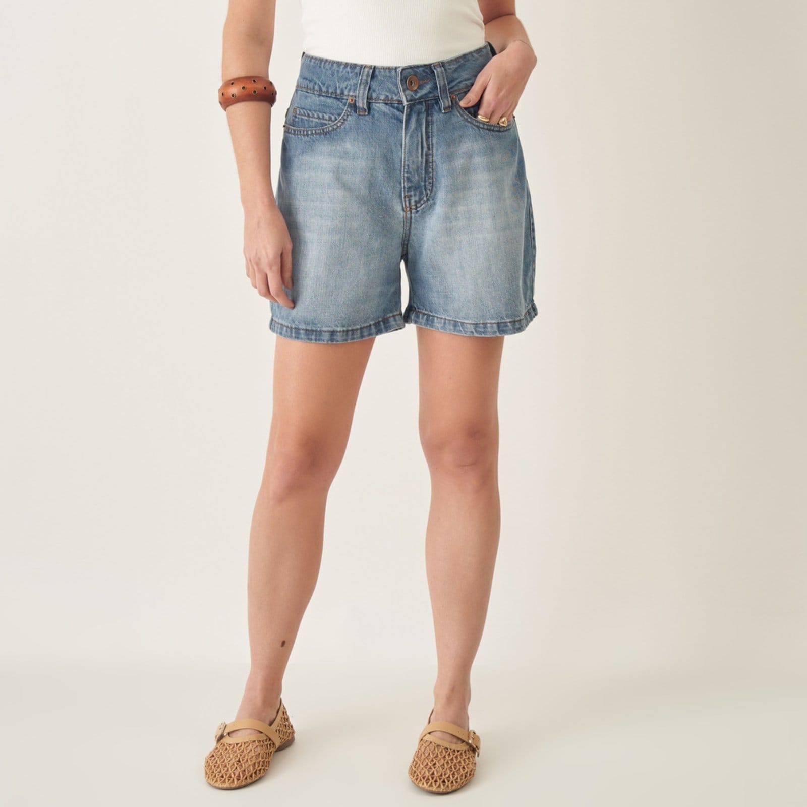 Bermuda Jeans Cintura Alta Azul Médio