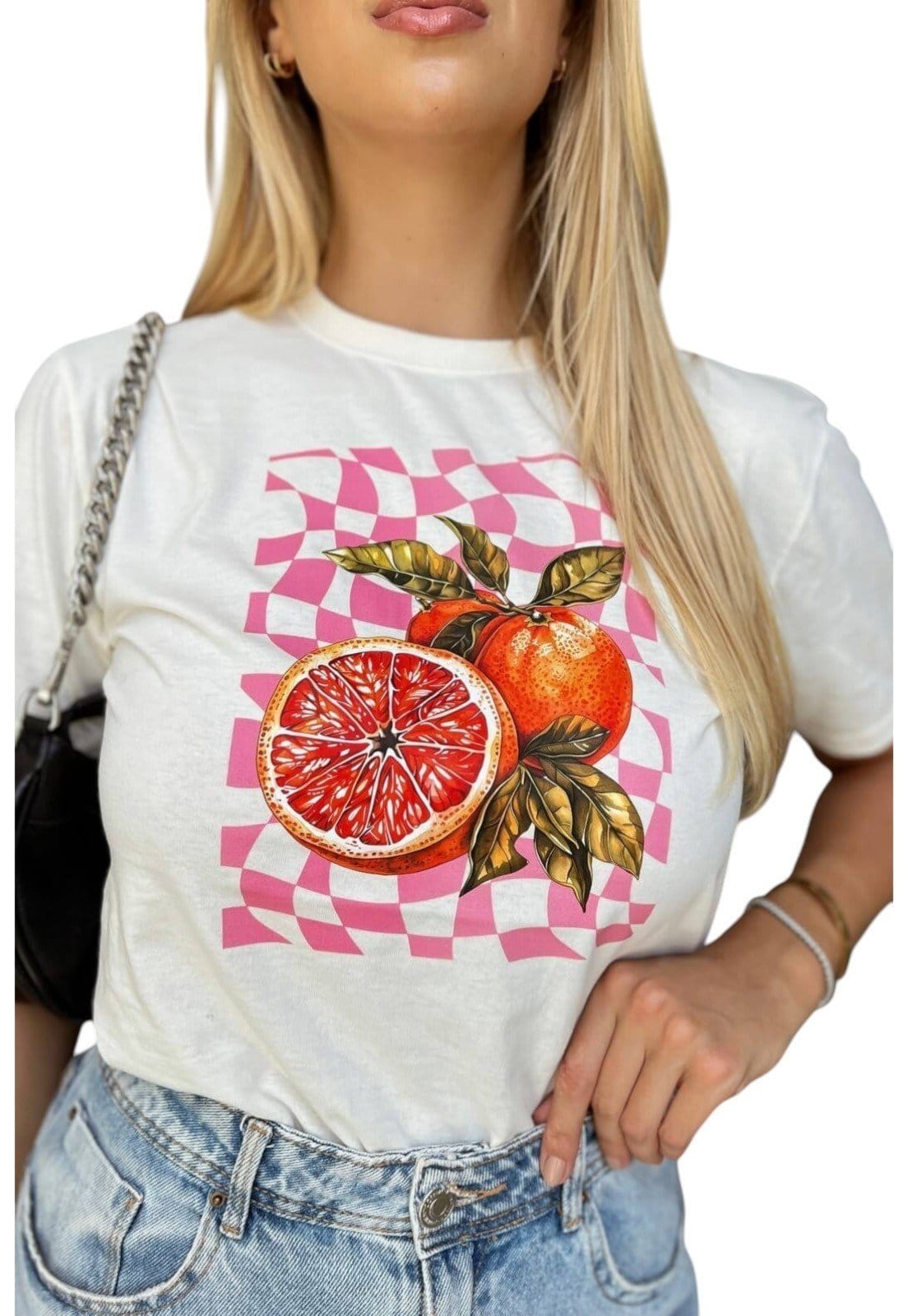 Vista 2 Camiseta Feminina Off Laranja Groovy Cianitas off-white