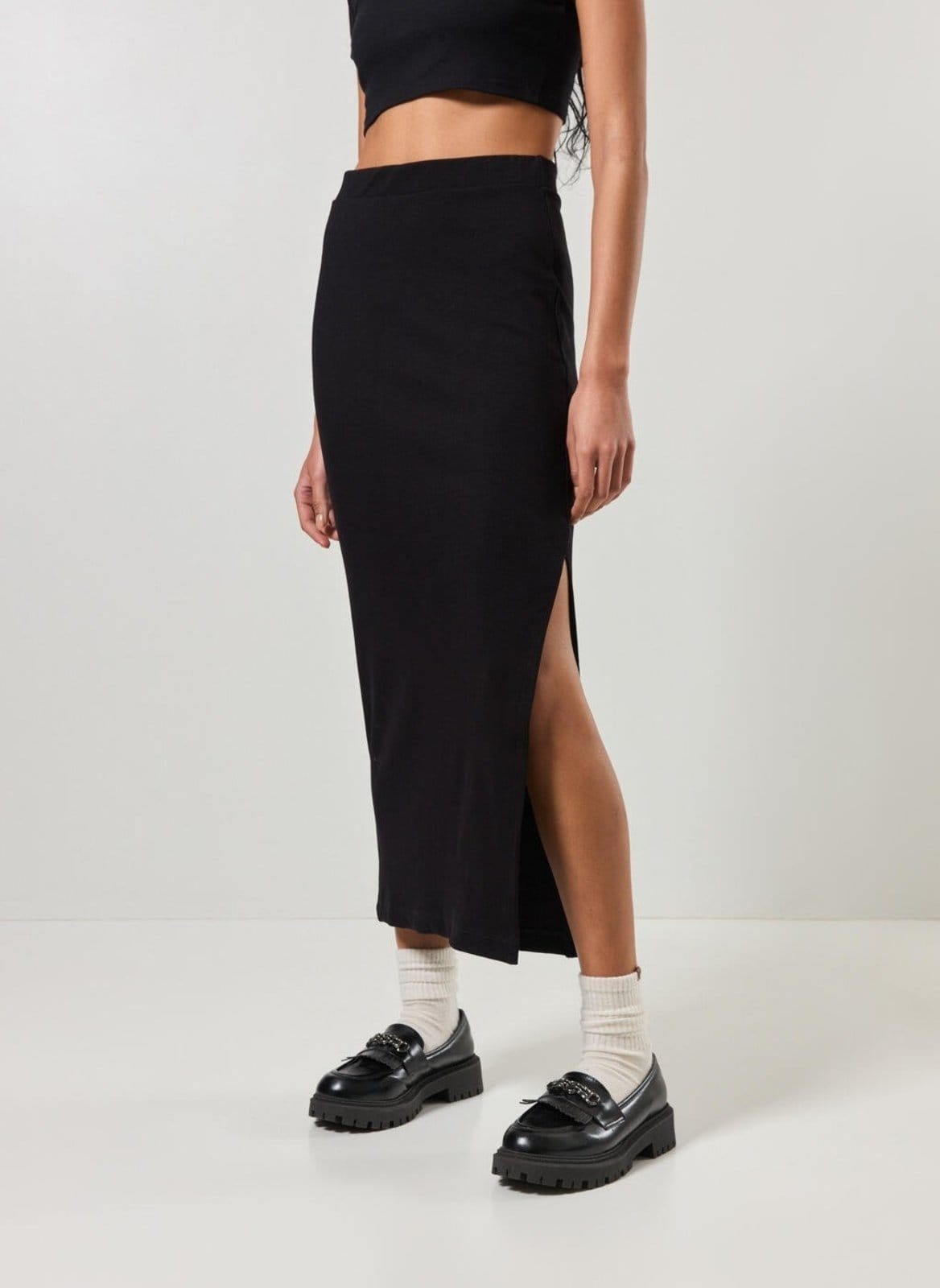 Vista 2 Saia Midi Em Malha Canelada Com Fenda Youcom preto