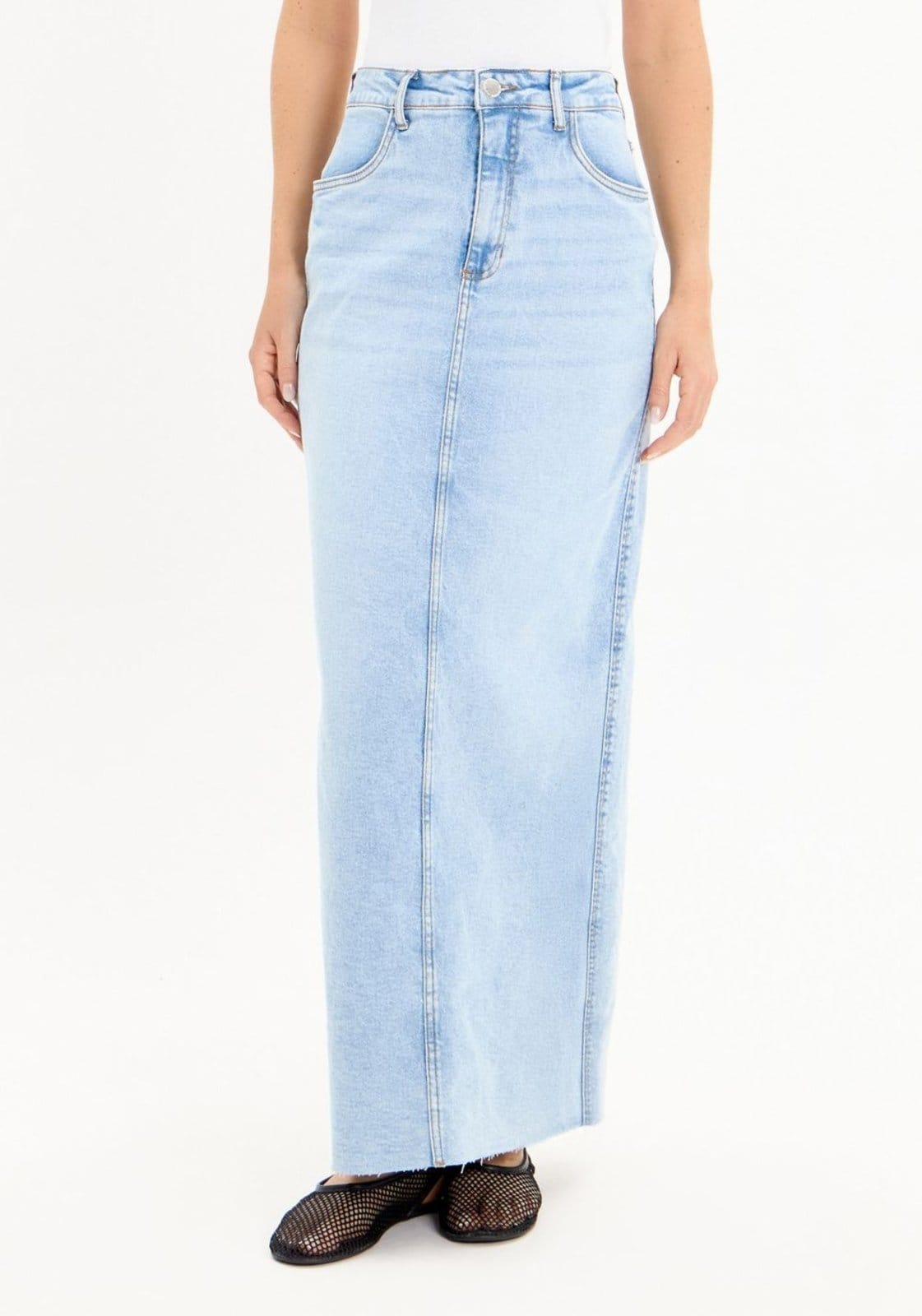 Vista 2 Saia Jeans Longa Cintura Super Alta My Favorite Things azul