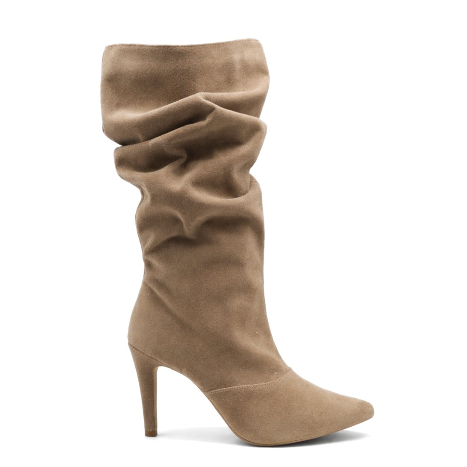 Bota Feminina Slouchy Enrugada Salto Fino Confortável Macia 1714 Camurça Areia