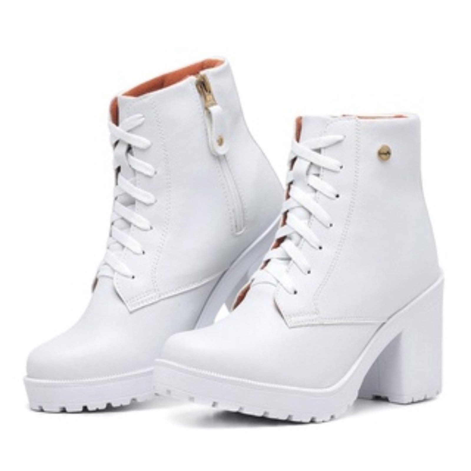 Bota Cano Curto Feminina Salto Alto Tratorado com Ziper Branca