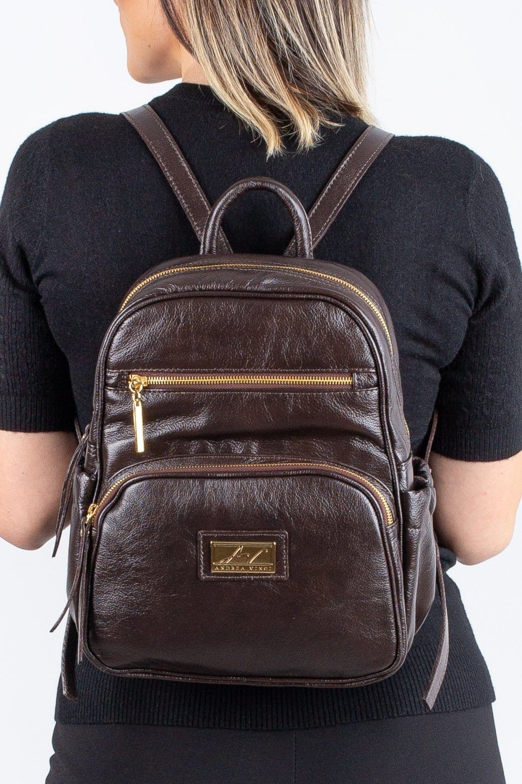 Mochila pequena de couro liso Zoey - Café