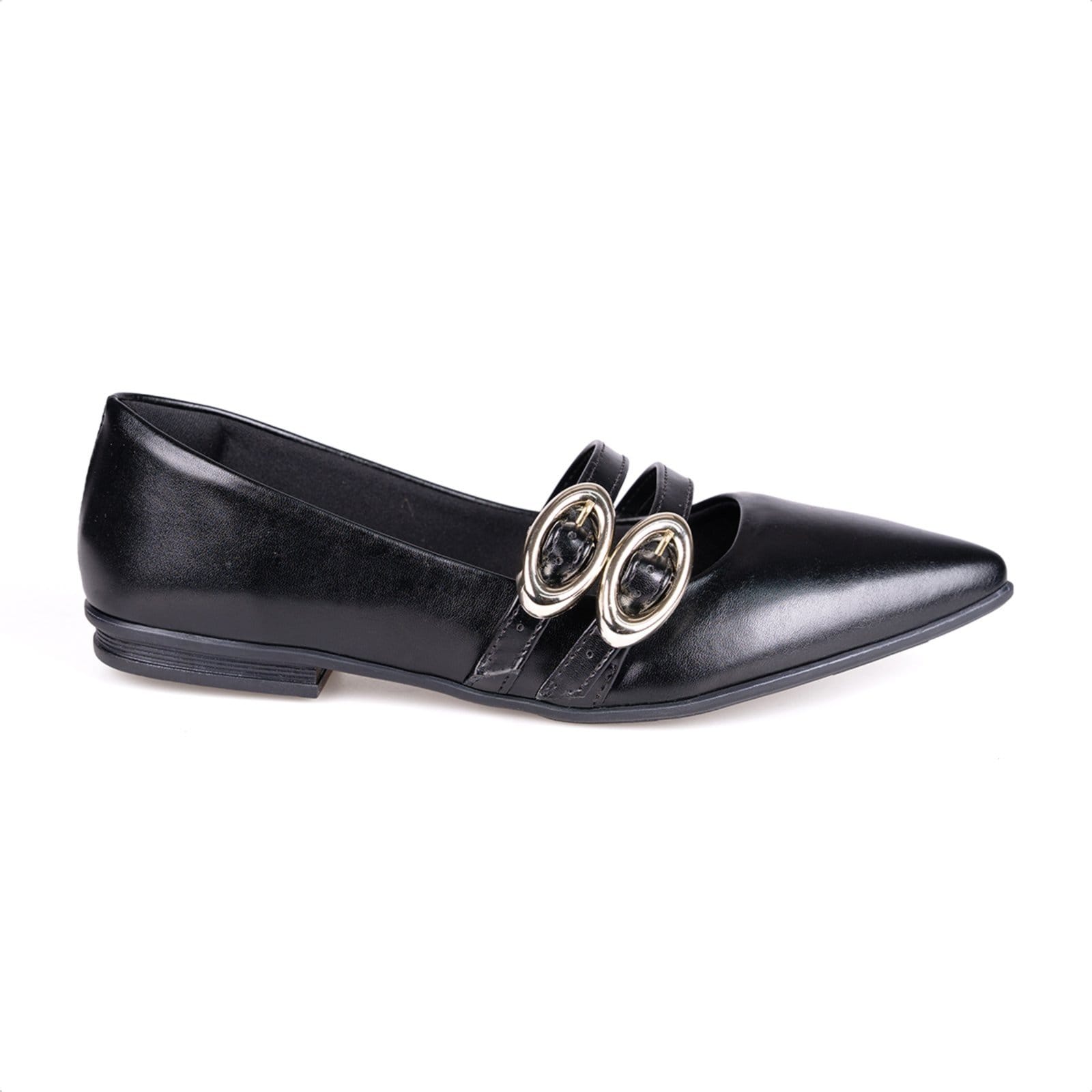 Sapatilha Verniz Bico Fino Tiras Duplas Preta Fivelas Ovais Metalizadas Estilo Boho - 2