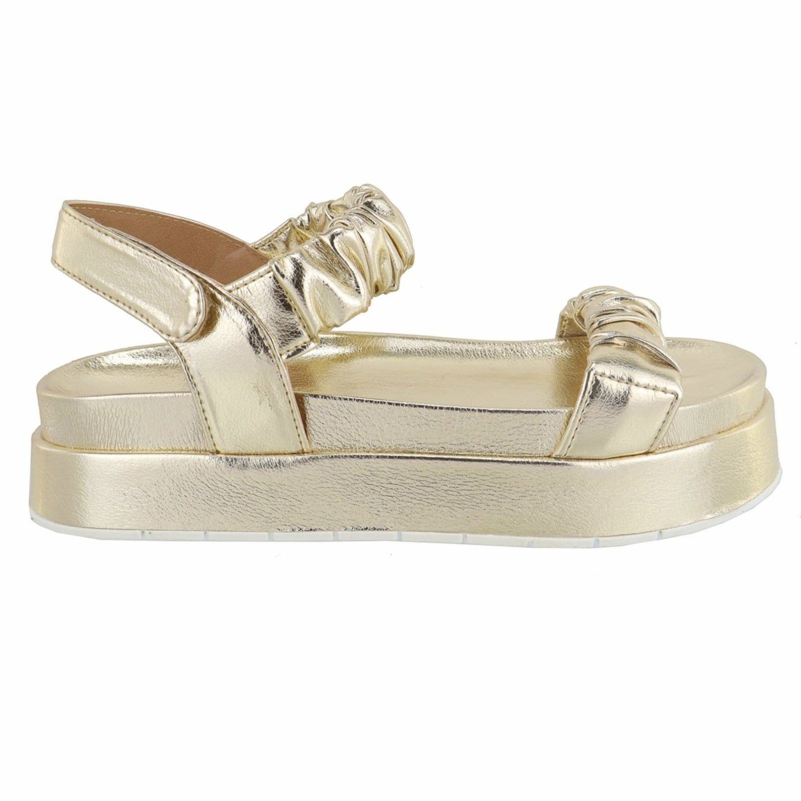 Vista 2 Sandália Flatform Papete Feminina Paula B Com Tiras Enrugadas E Amarração No Tornozelo Estilo E Conforto PAULA B dourado