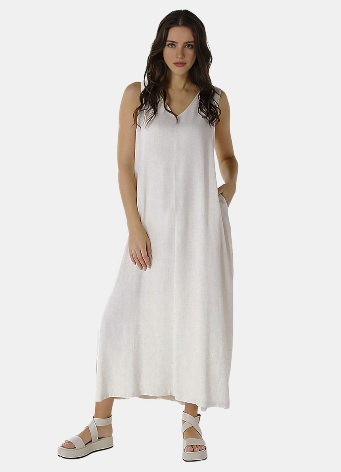 Vista 2 Vestido Longo de Linho Areia Gola V com Bolsos SOB bege