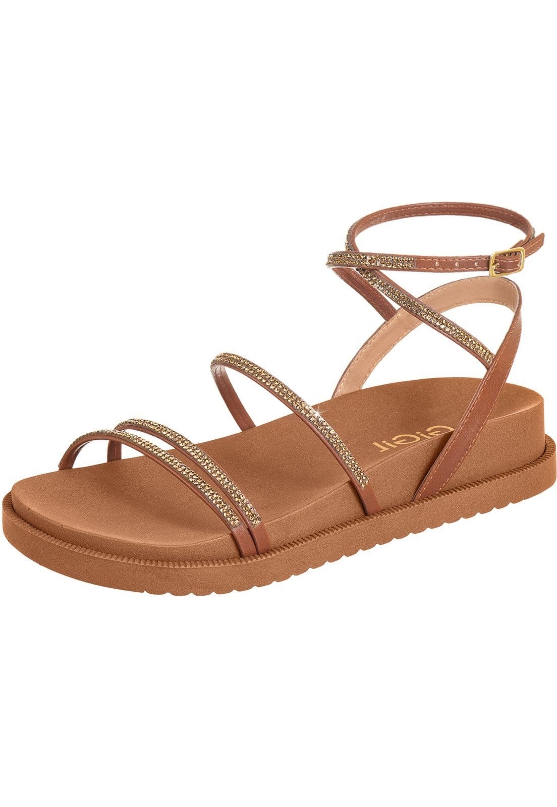 Vista 2 Sandália GiGiL Papete Flat Strass Brilho Gigil caramelo