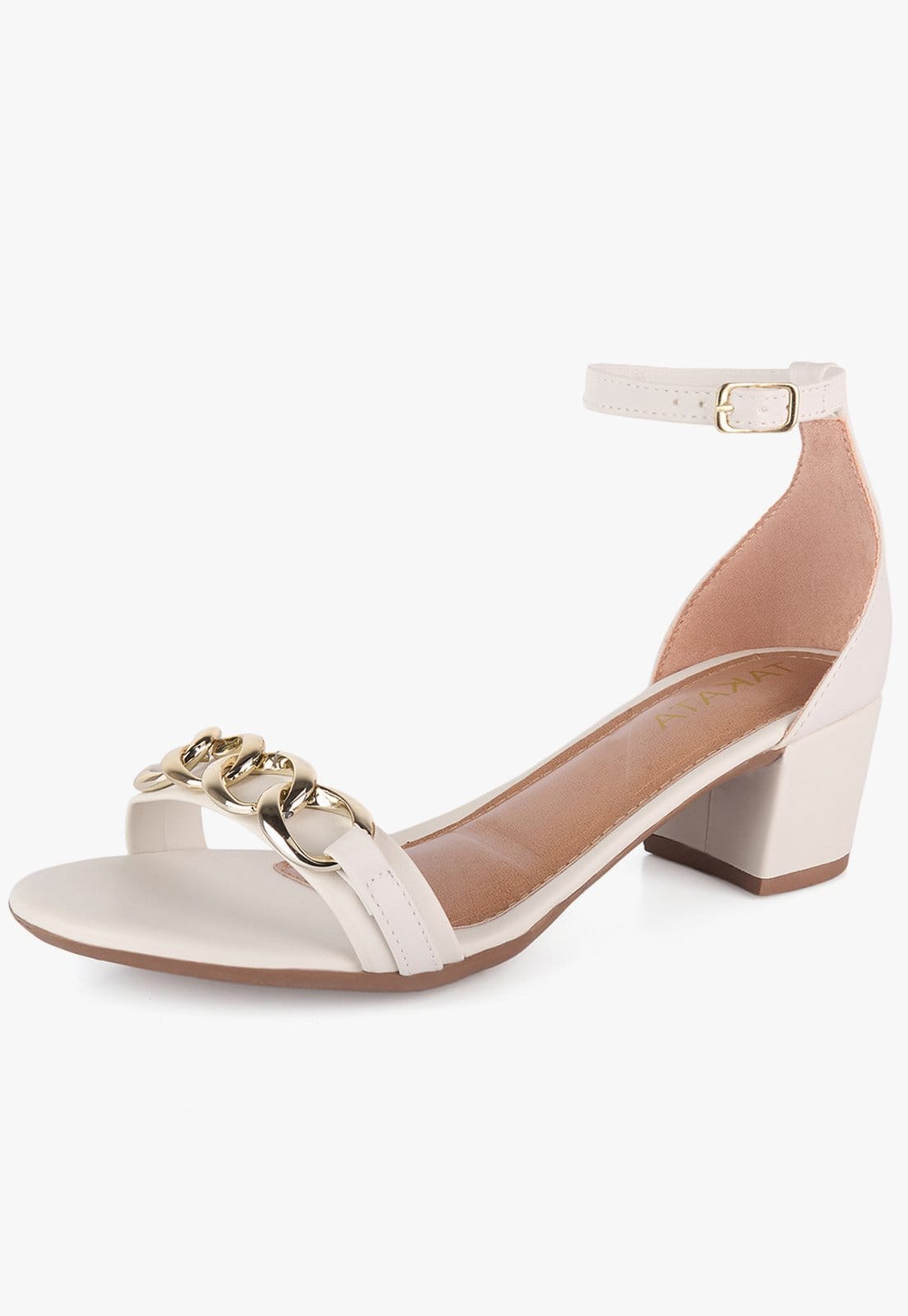 Sandália Salto Baixo Bloco Grosso Festa Corrente Metal Takata Off White