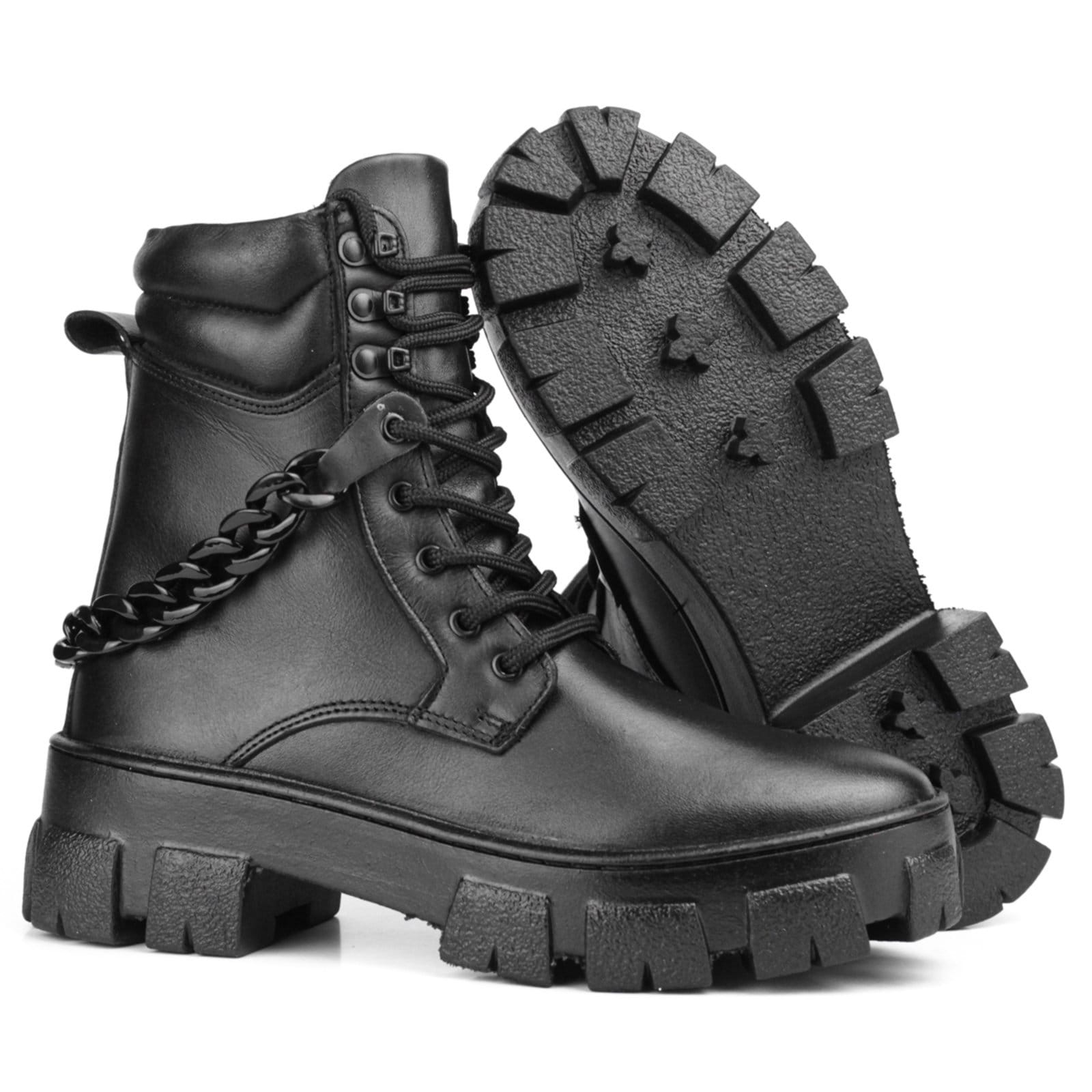 Vista 2 Bota Coturno Couro Militar Feminino Cano Médio Solado Tratorado Corrente Casual super shoes preto