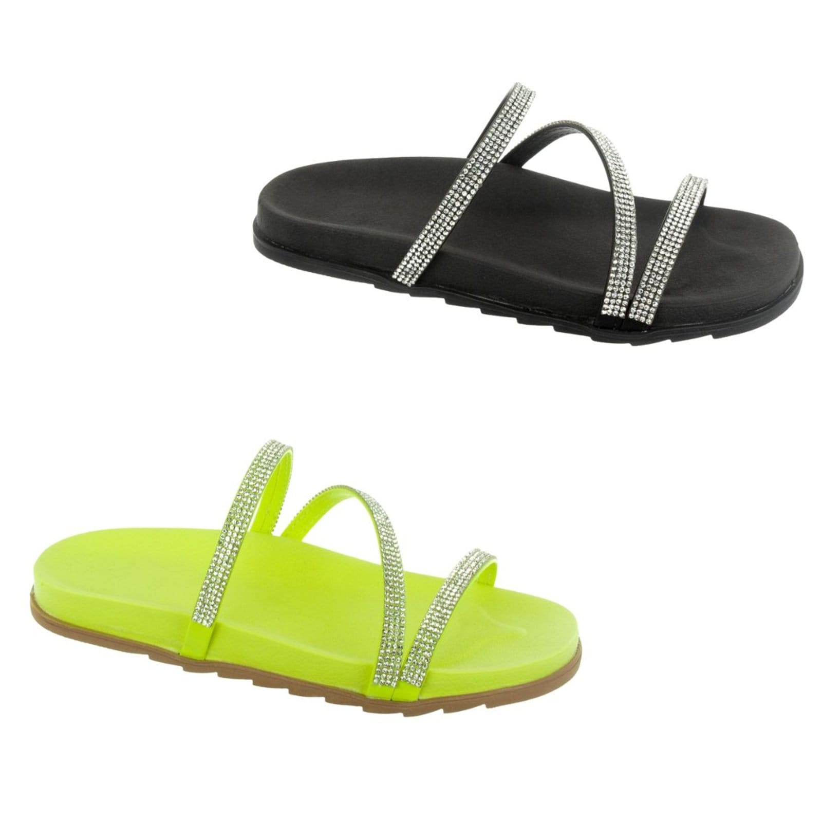 KIT 2 Sandália Birk feminina Rasteira Flat Strass Brilho Anatômico Via Angel 6302. Preto e Lemon