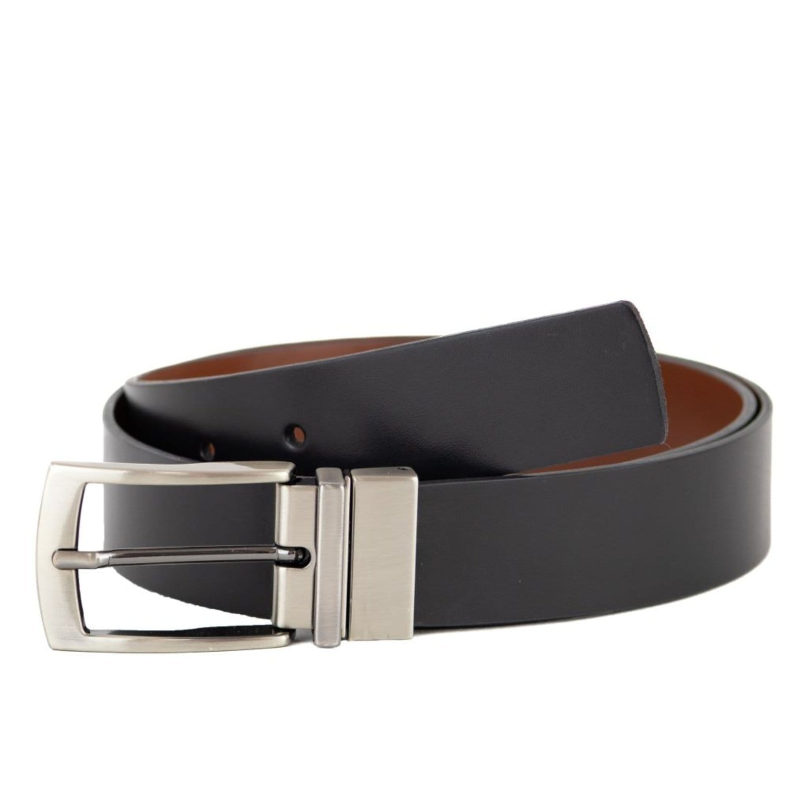 Vista 2 Cinto Masculino em couro dupla face S-35 na cor whisky com fivela grafite escovado USEPELLE preto