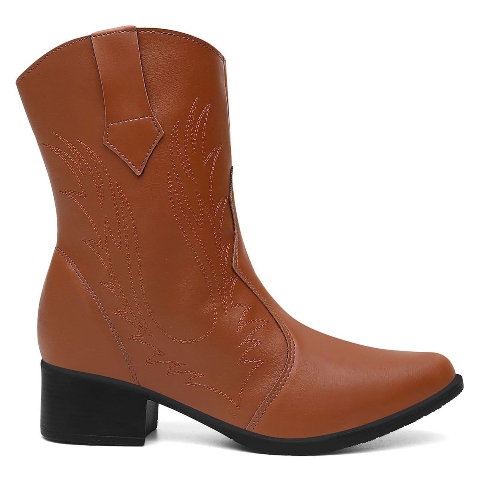 Bota Texana Cano Medio Western Marrom Bordada