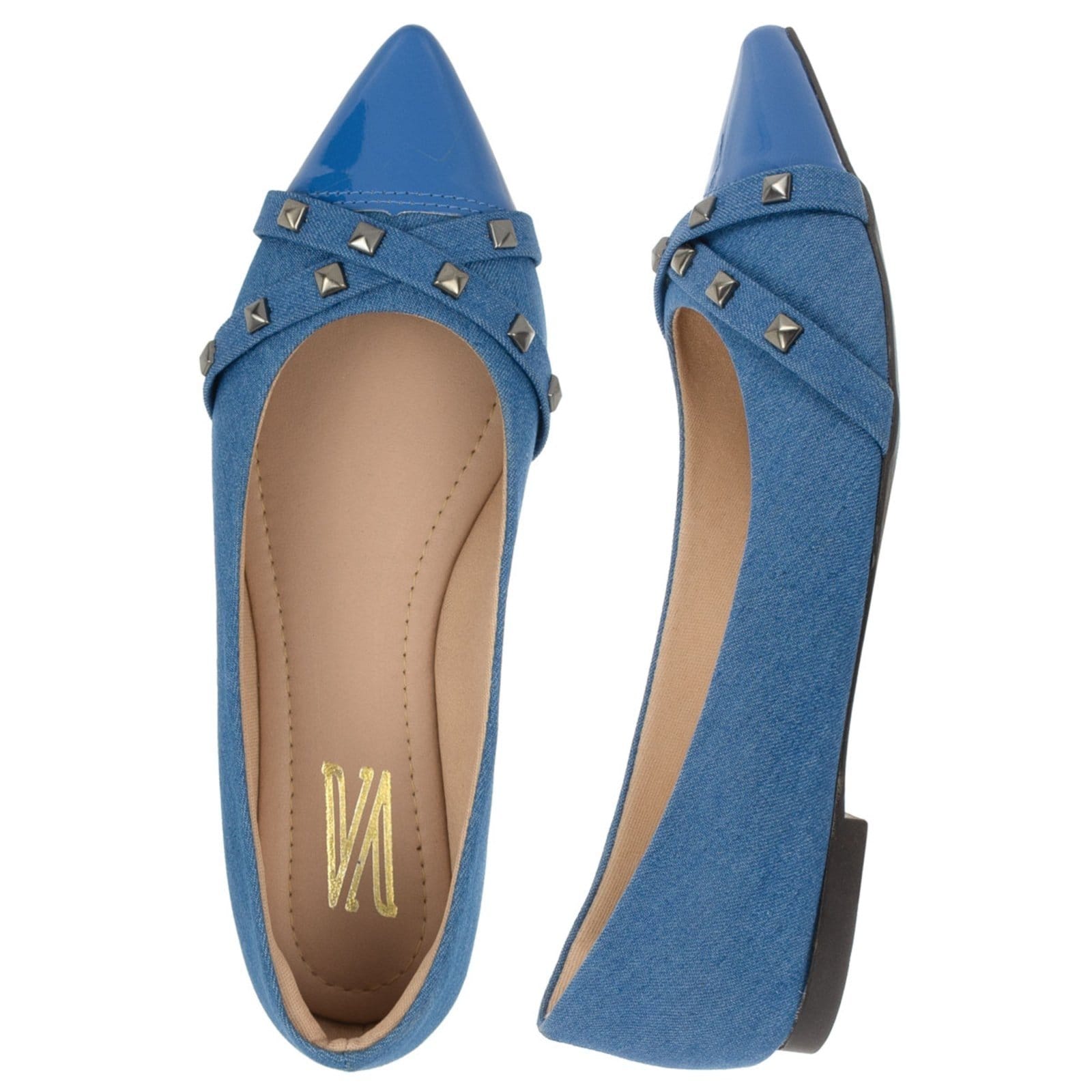 Sapatilha Bico Fino Feminina Com tachas Confortável Via Angel Jeans Claro