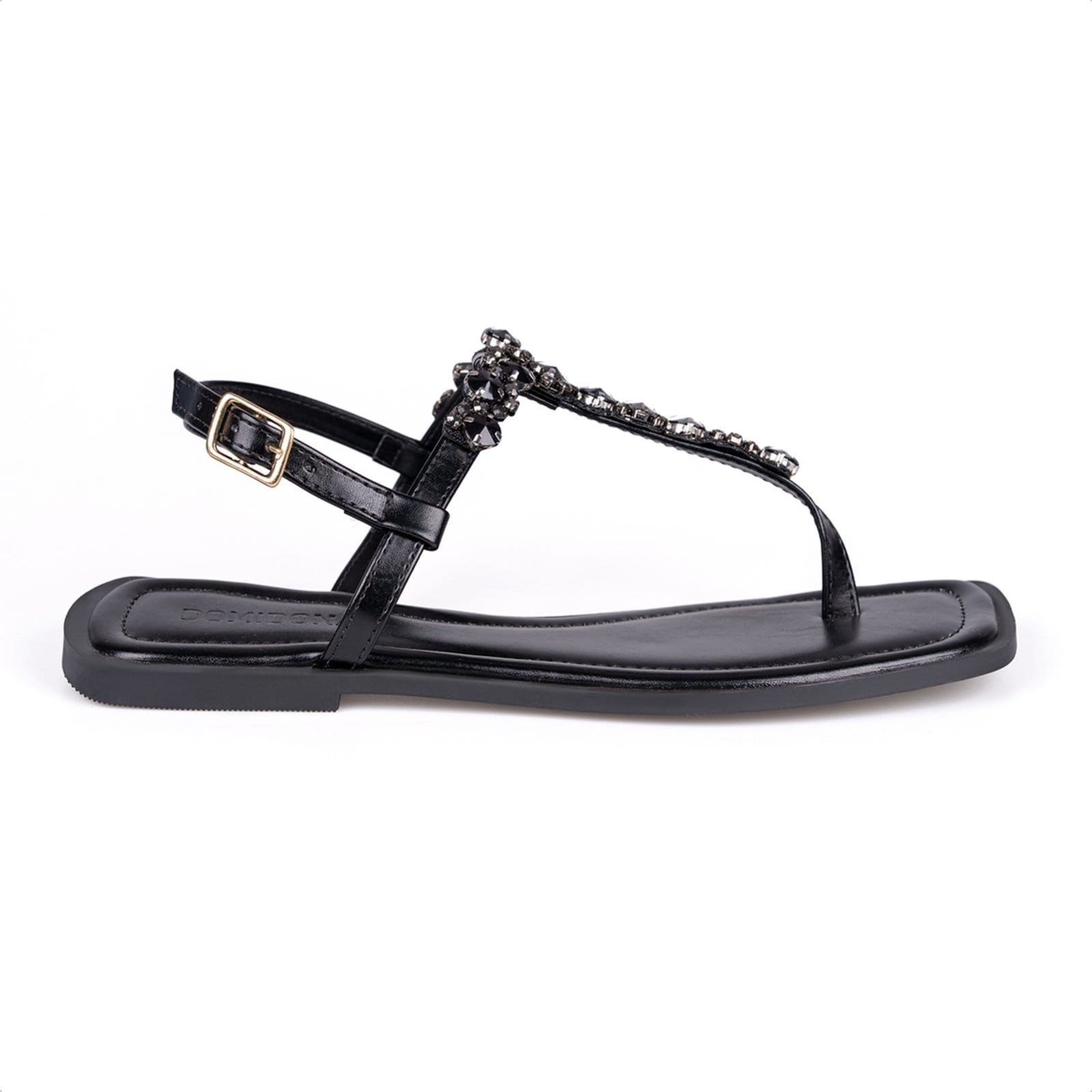 Vista 2 Rasteirinha Preta Slingback Flat Pedrarias Brilho Bico Quadrado Domidona preto