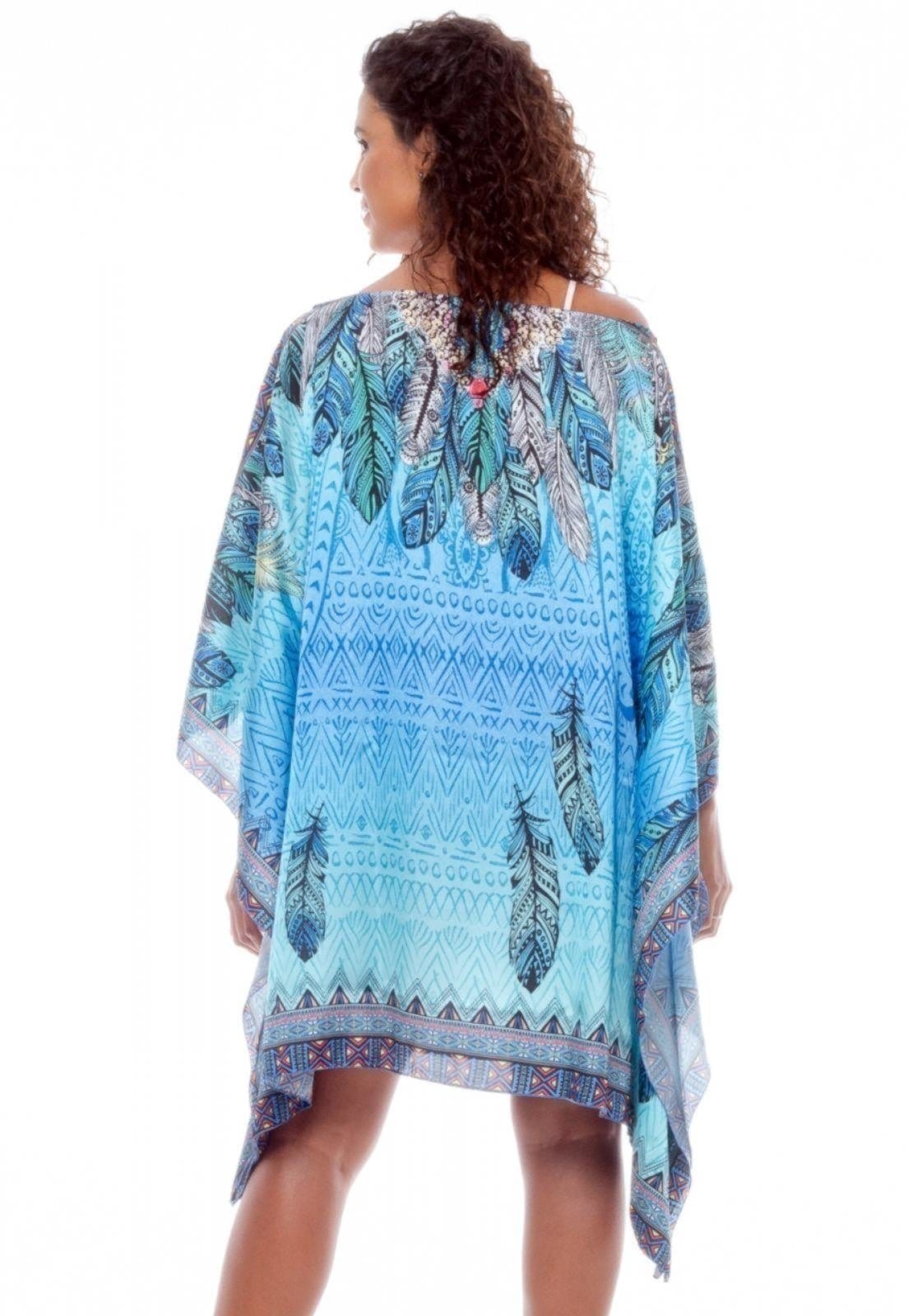 Vista 2 Vestido KAFTAN Curto Cetim Estampado EXCLUSIVO Penas 101 Resort Wear azul