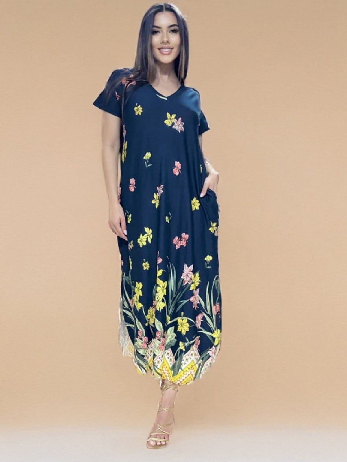 Vista 2 Vestido Midi Abapã Malha com Bolso Floresce Cabanafree azul/estampado azul