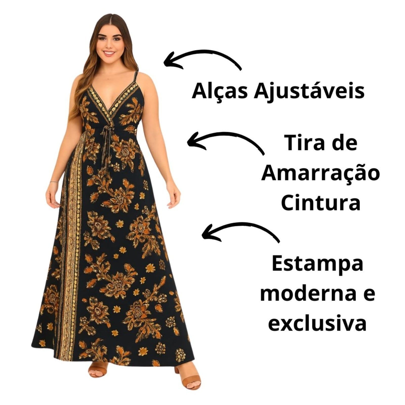 Vista 2 Vestido Longo Indiano Vih Triny Estampa Linha Premium Vih Triny preto