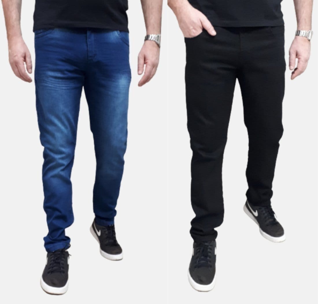 Kit 2 Calças Jeans Com Elastano Masculina Preta e Azul