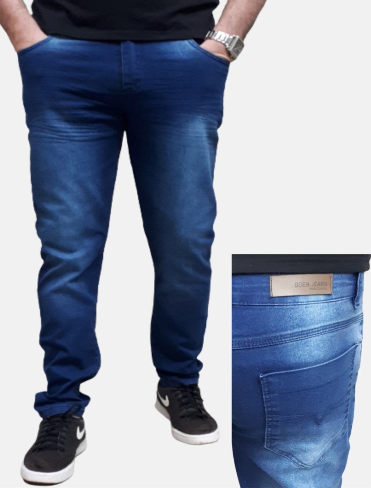 Vista 2 Kit 2 Calças Jeans Com Elastano Masculina Preta e Azul BOEN JEANS jeans azul
