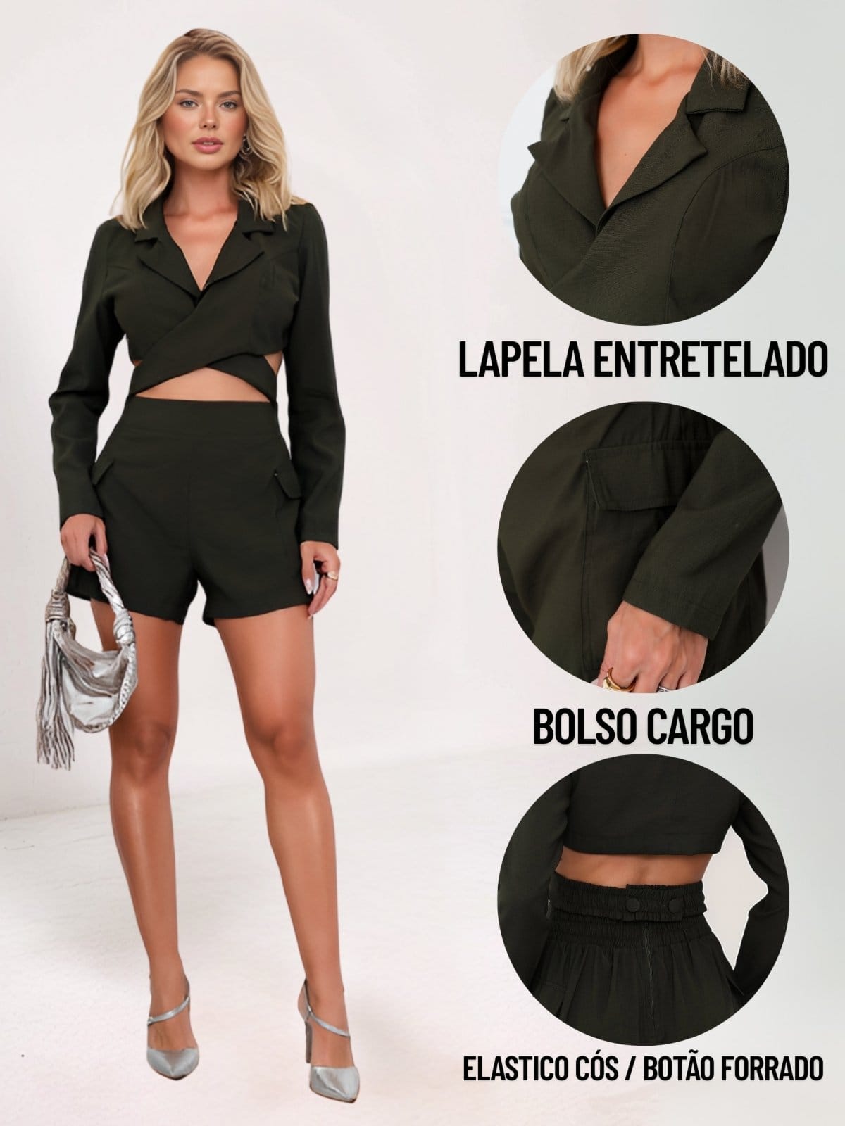 Vista 2 Conjunto Feminino Curto Divina Gata Cropped Manga Longa e Shorts Alfaiataria DIVINA GATA verde oliva