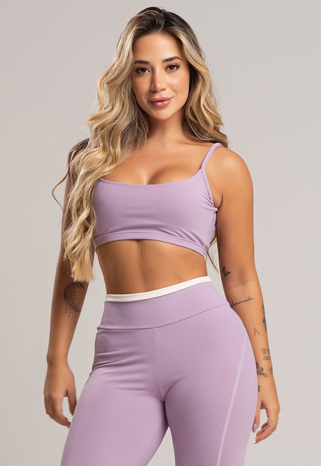 Vista 2 Top Feminino MVB Modas Cropped Fitness Alcinha Costas Abertas Poliamida Lavanda Mvb Modas lilás lavanda