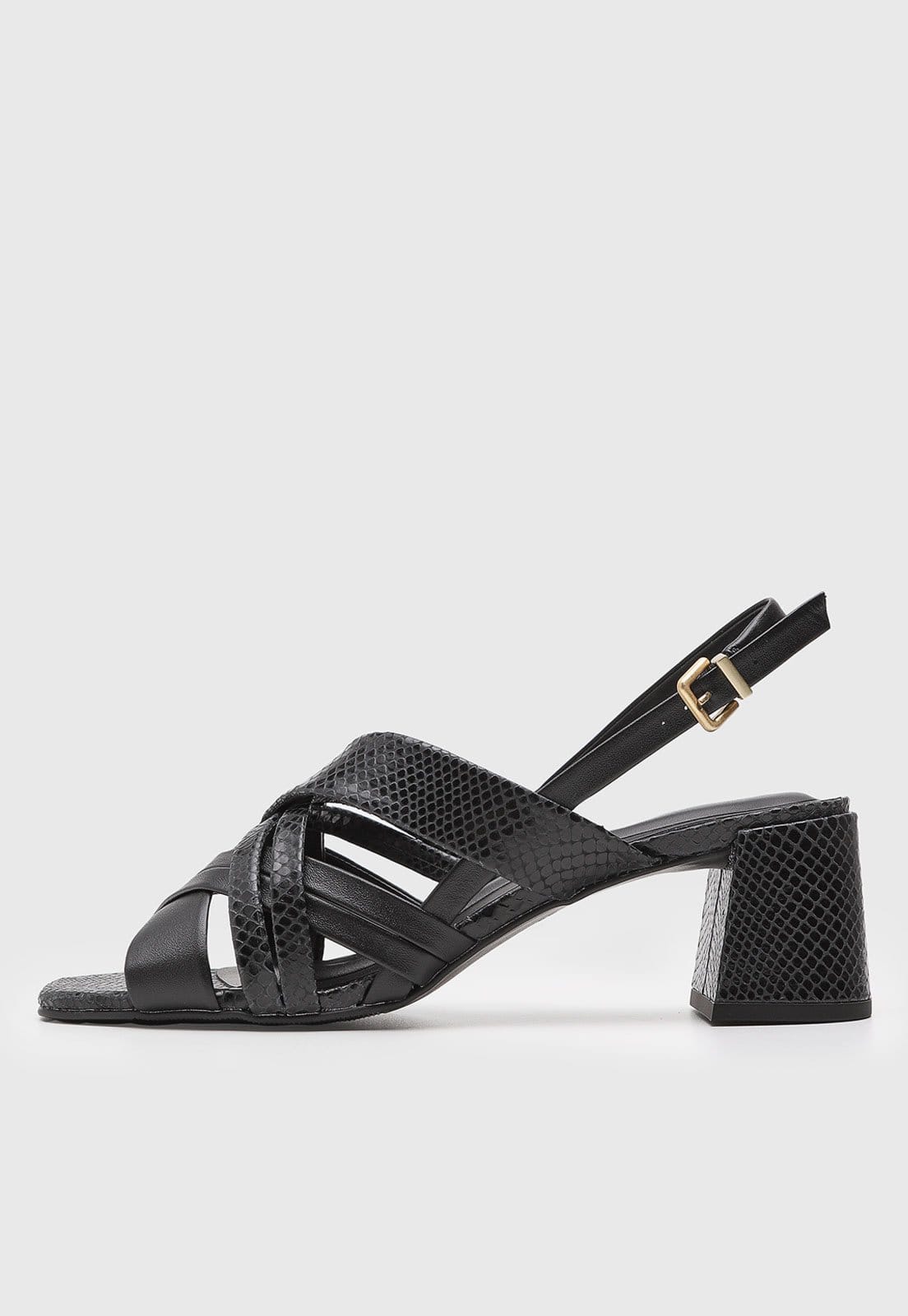 Sandália Feminina Loucos e Santos Salto Bloco Textura Snake Preta