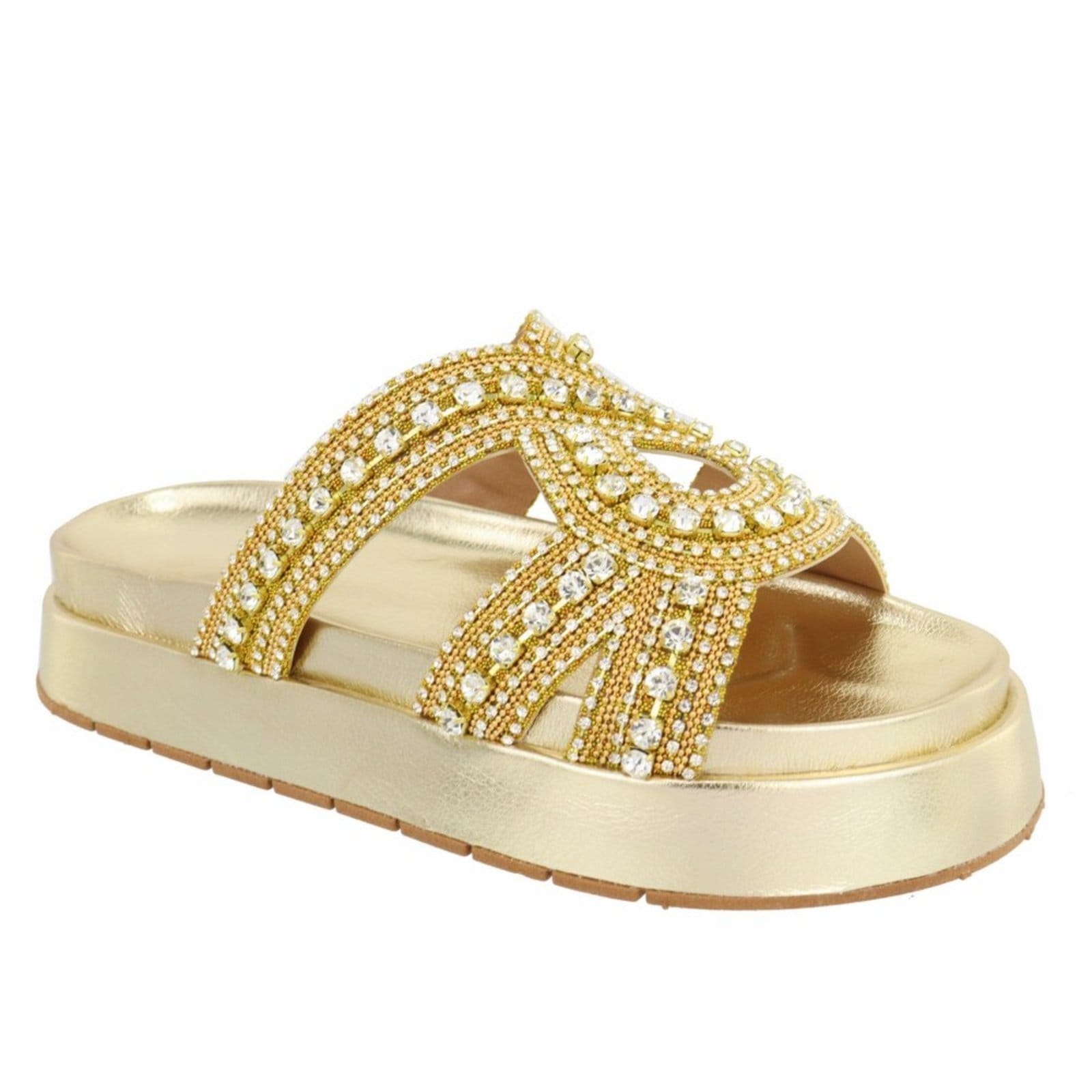 Sandalia Flatform Ratseira Strass Pedraria Brilho Sola Alta Lançamento Ouro Light
