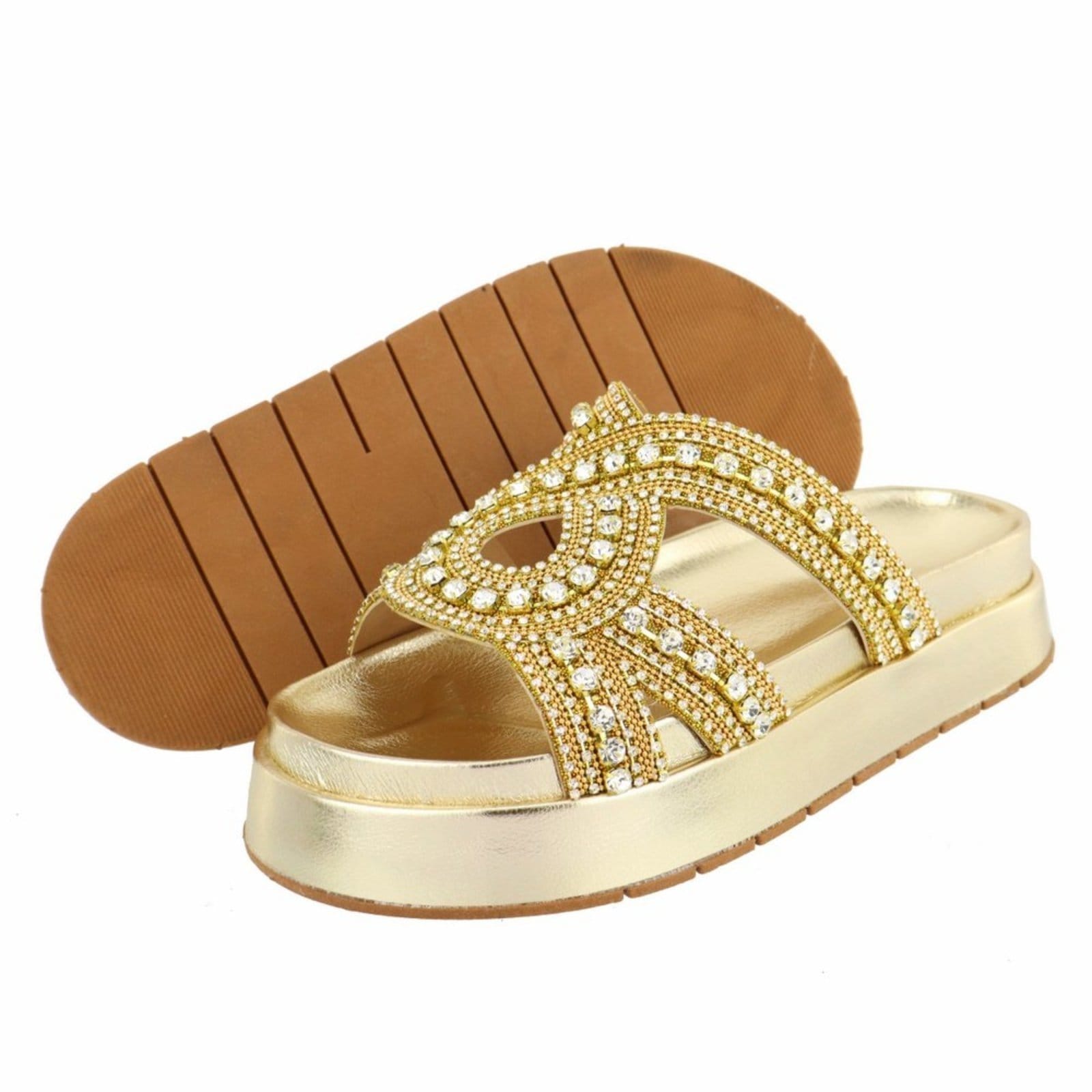Vista 2 Sandalia Flatform Ratseira Strass Pedraria Brilho Sola Alta Lançamento Ouro Light TELLINI STORE dourado