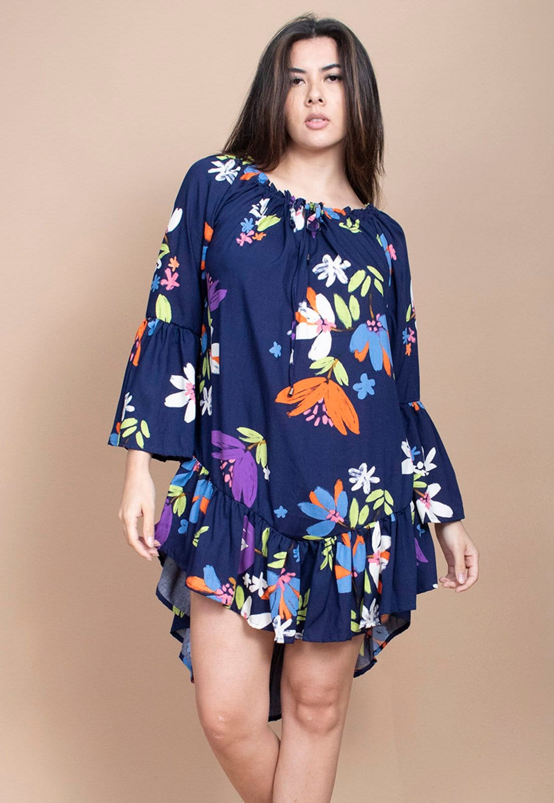 Vestido Curto Cabanafree Viscose Com Babados Estampa Festa das Flores Azul