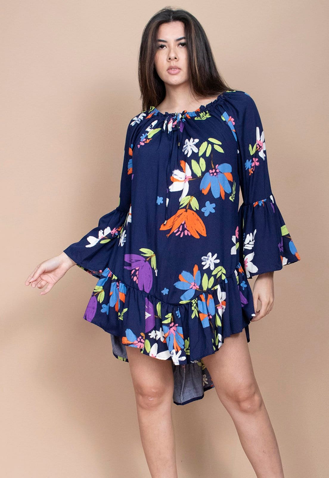 Vista 2 Vestido Curto Cabanafree Viscose Com Babados Estampa Festa das Flores Azul Cabanafree estampado/laranja/roxo azul