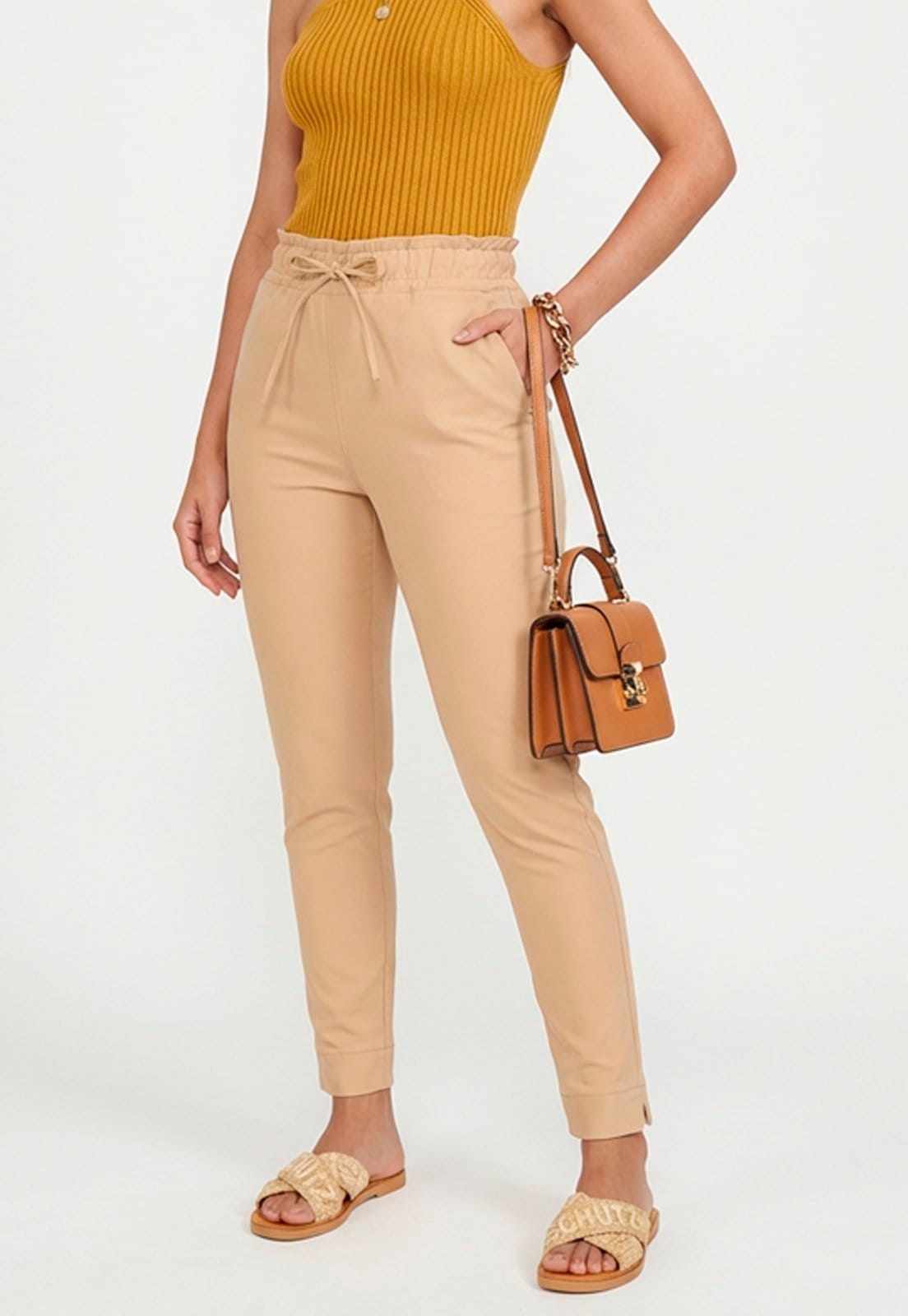 Calça Feminina Sarja Cintura Alta com Cordão Confortável Casual Versátil