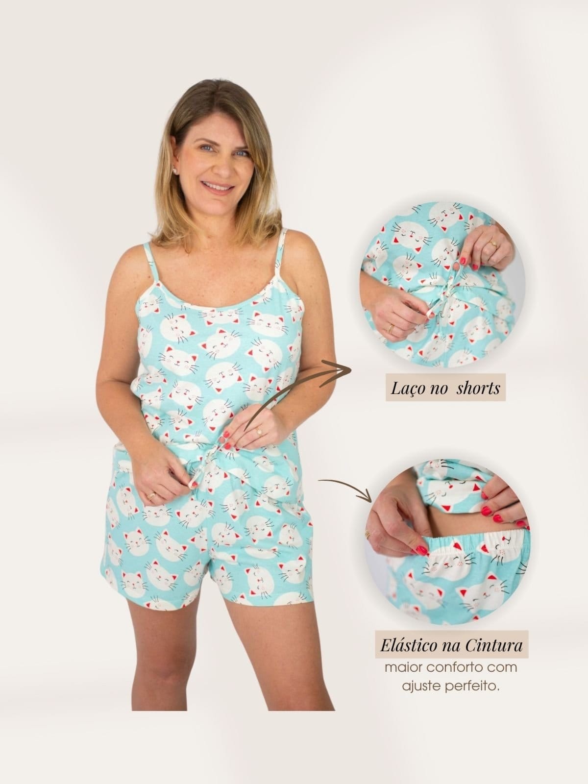 Vista 2 Pijama Feminino Alcinha Catarina - Gatinhos Piante verde