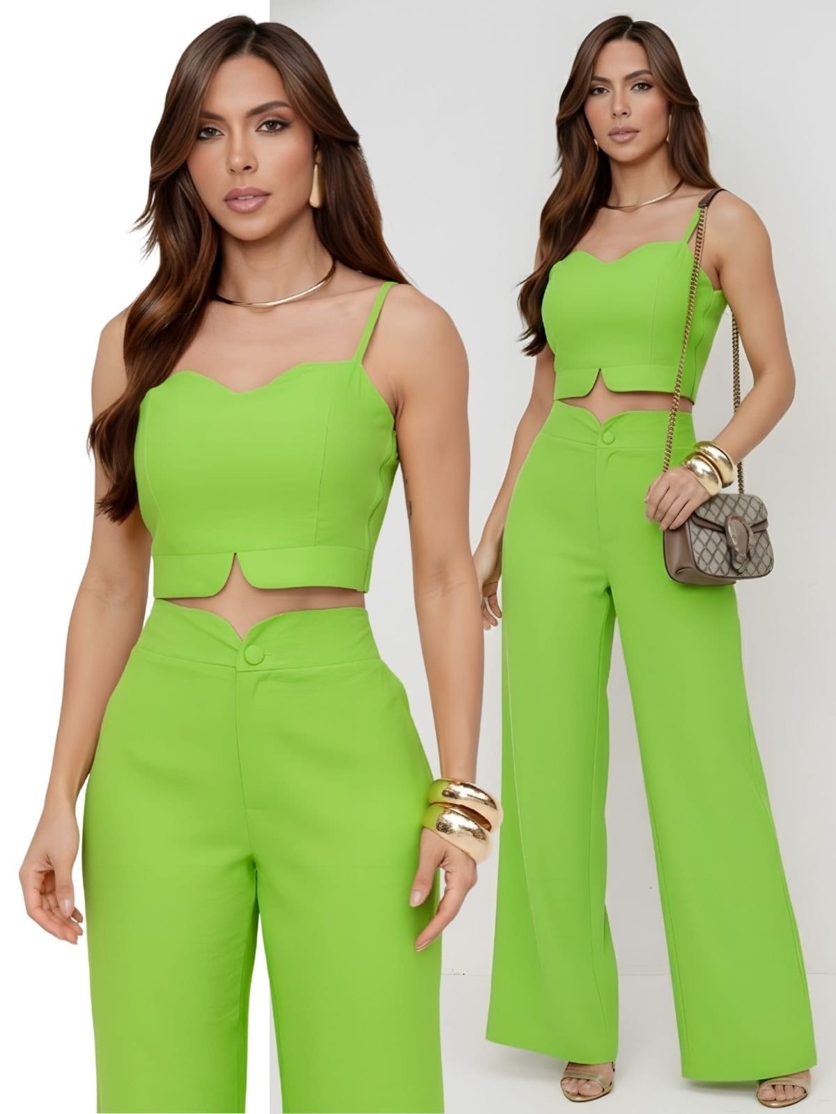 Vista principal Conjunto Feminino Alfaiataria Divina Gata Cropped e Calça Pantalona Vita DIVINA GATA verde