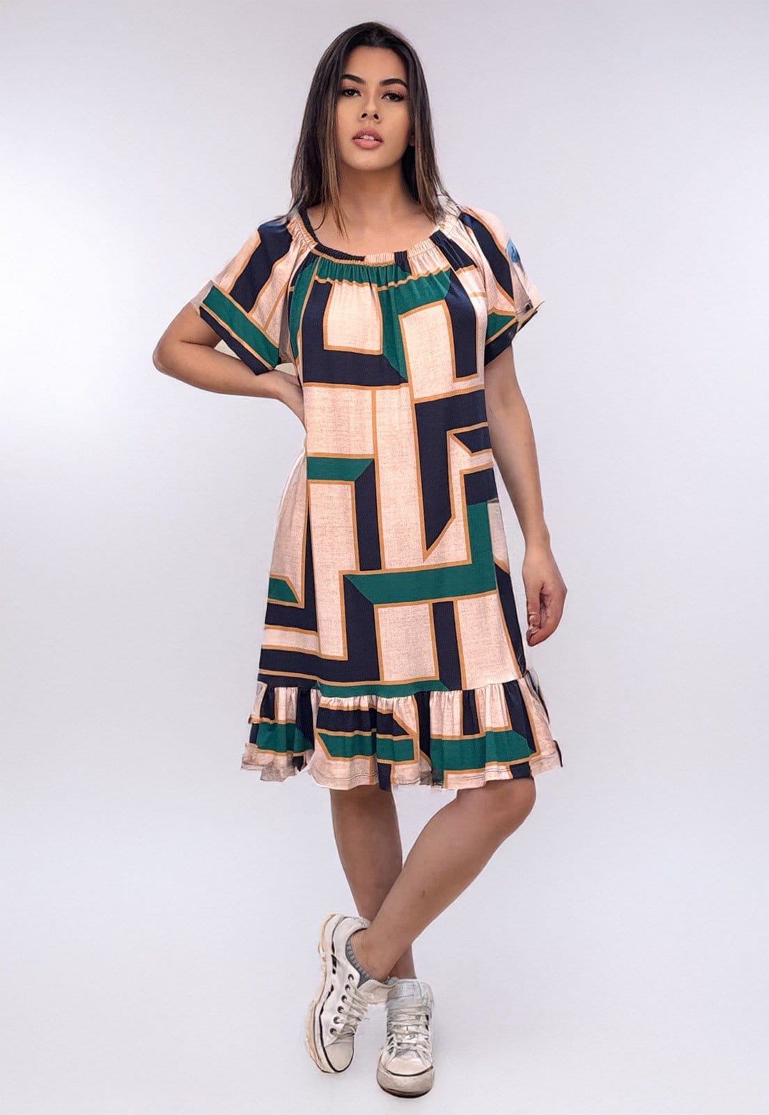 Vista 2 Vestido Curto Cabanafree Malha Mullet Ombro a Ombro Amplo Estampa Chapada de Areia Cabanafree amarelo/azul marinho/verde