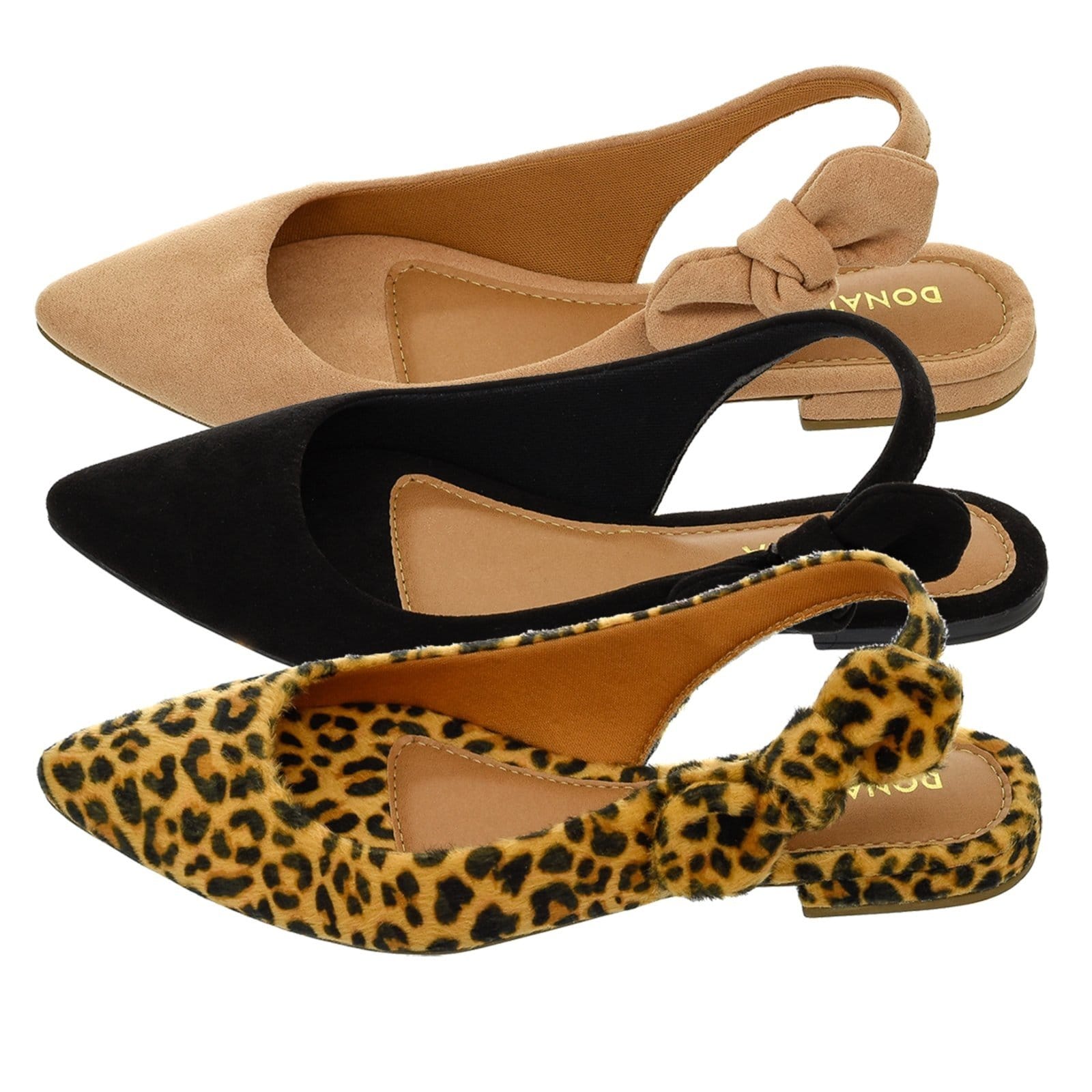 Kit 3 Pares Sapatilha Feminina Bico Fino Mule Slingback CM Calçados Laço Preto, Nude e Onça Camurça