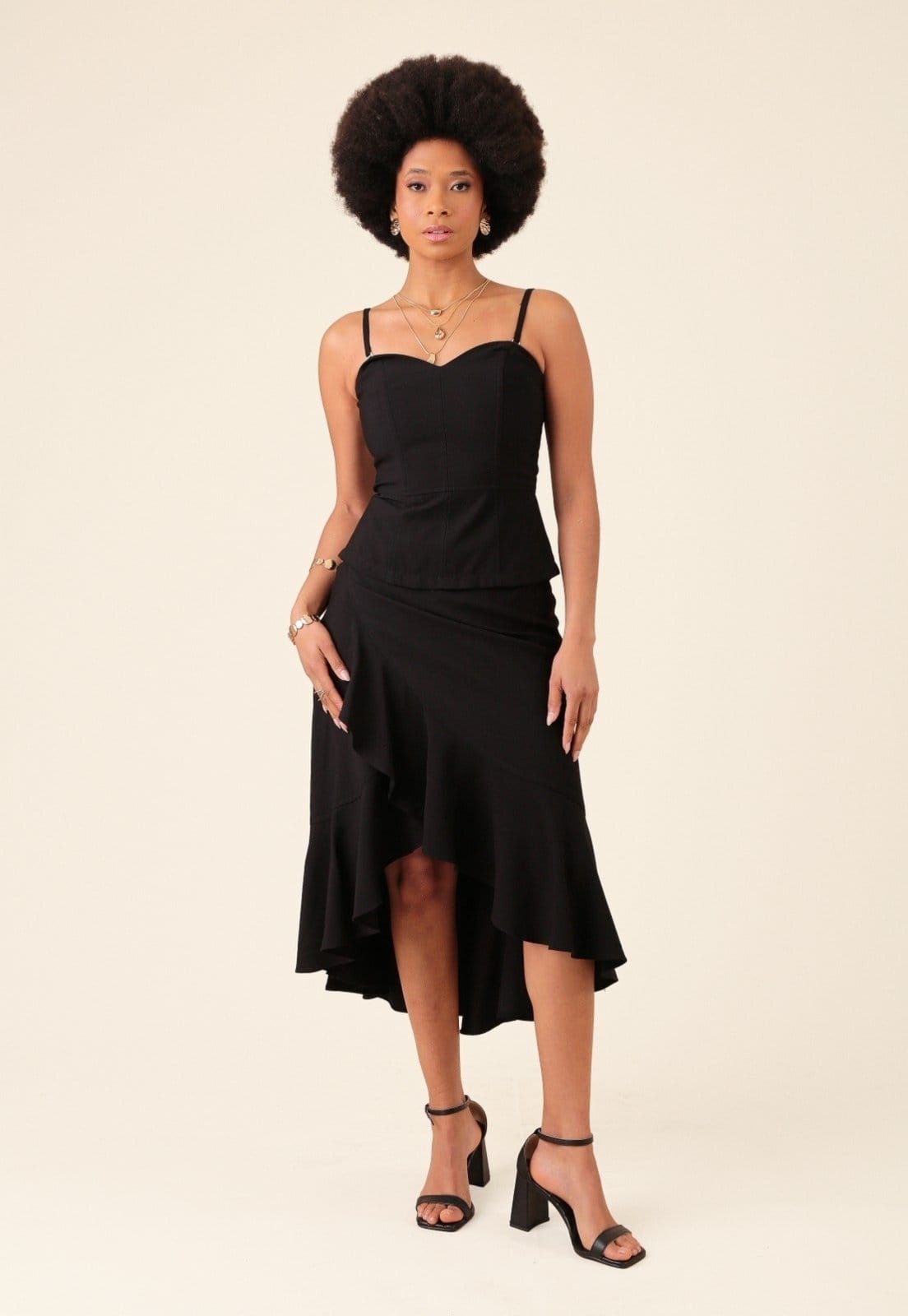 Vista 2 Saia Midi Pop Me Em Alfaiataria Com Babados Pop Me preto