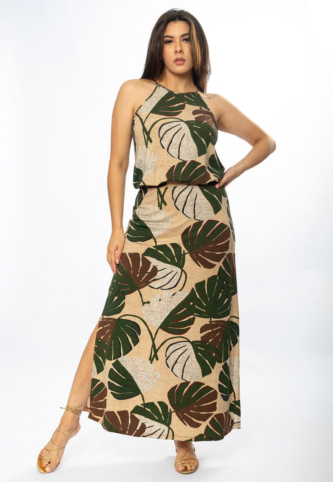Vista principal Vestido Longo Amazônia Vital Malha Trapézio com Elástico na Cintura Estampa Folhagem Verde e Marrom Amazonia Vital bege/off-white/verde verde