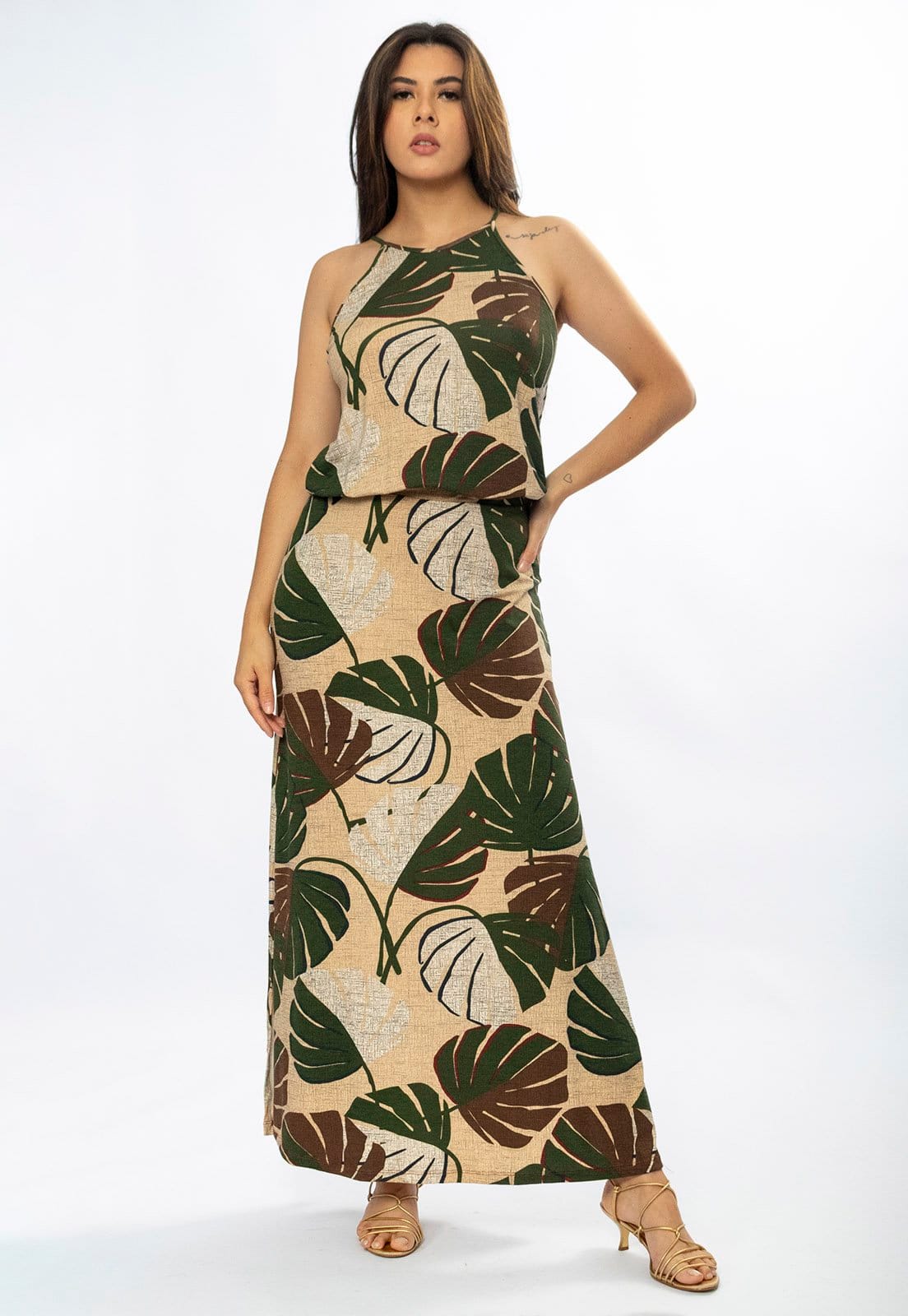 Vista 2 Vestido Longo Amazônia Vital Malha Trapézio com Elástico na Cintura Estampa Folhagem Verde e Marrom Amazonia Vital bege/off-white/verde verde