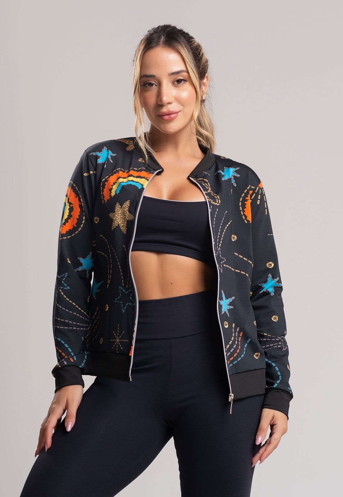 Vista 2 Casaco MVB Modas Jaqueta Bomber Zíper Suplex Cosmic Mvb Modas estampado/multicolorido/preto