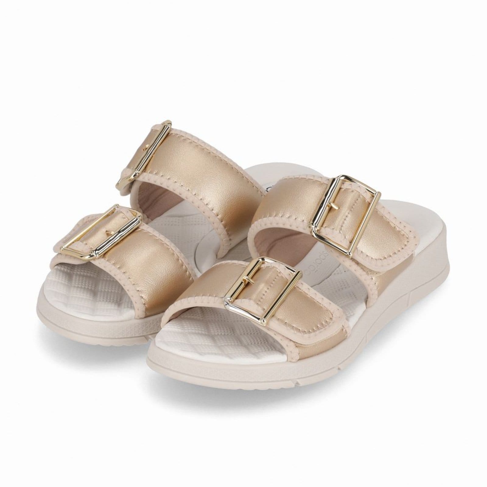 Vista 2 Tamanco Esporão Anabela Médio Ouro com Marfim Piccadilly prata