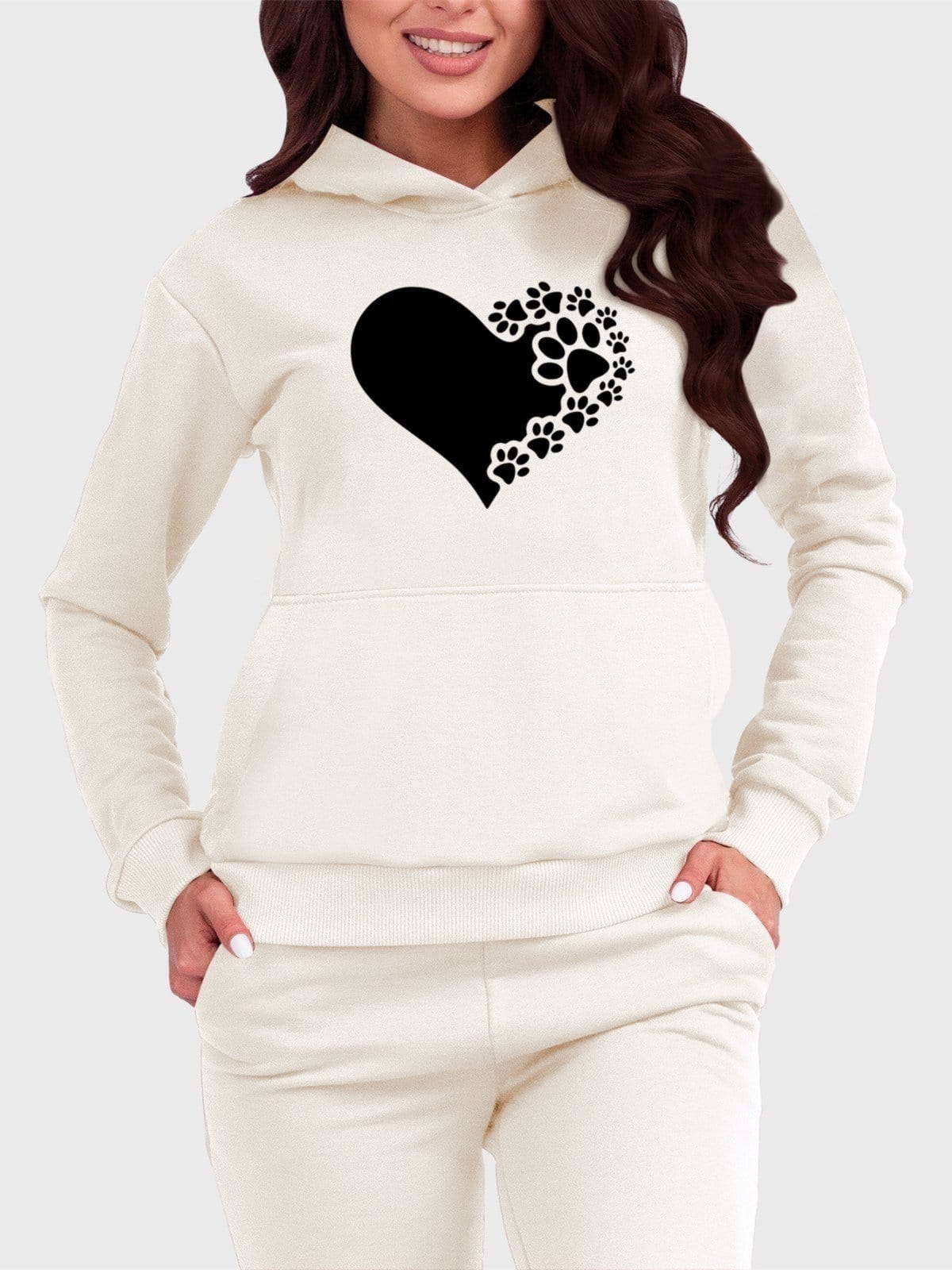 Blusa de Frio Moletom Flanelado Benellys Coração de Patas Canguru Off White